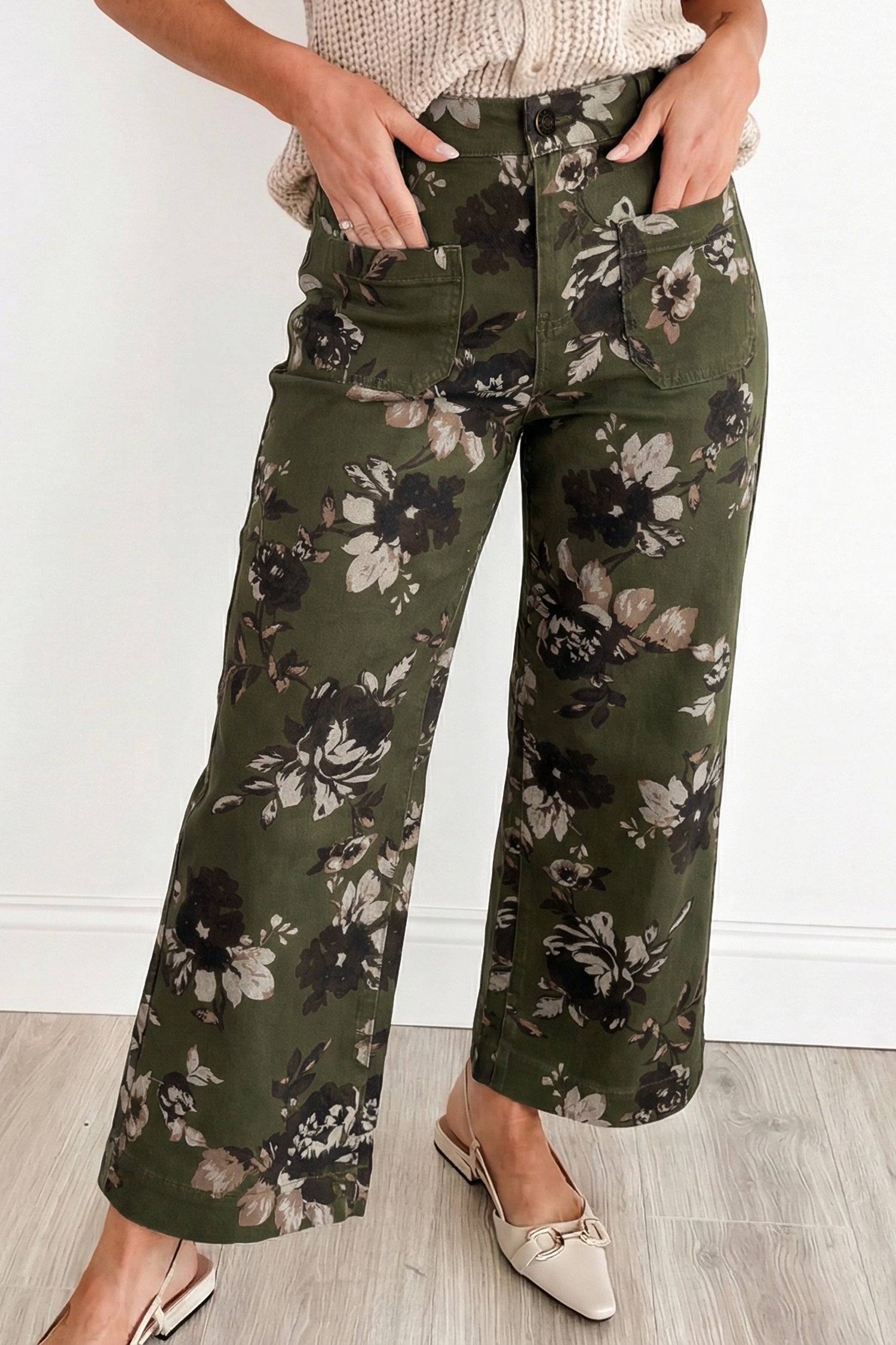 Green Vintage Floral Print Square Patch Pocket Raw Hem Shift Jeans-Bottoms/Jeans-[Adult]-[Female]-2022 Online Blue Zone Planet