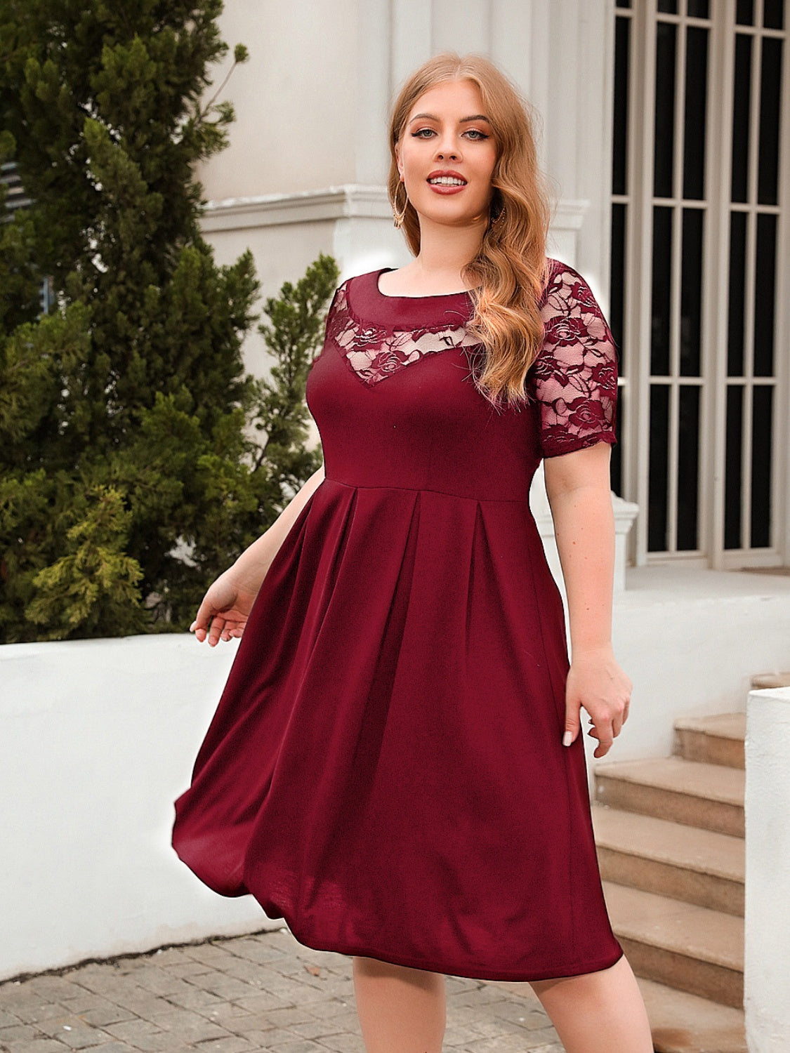 Plus Size Ruched Round Neck Short Sleeve Dress-TOPS / DRESSES-[Adult]-[Female]-2022 Online Blue Zone Planet