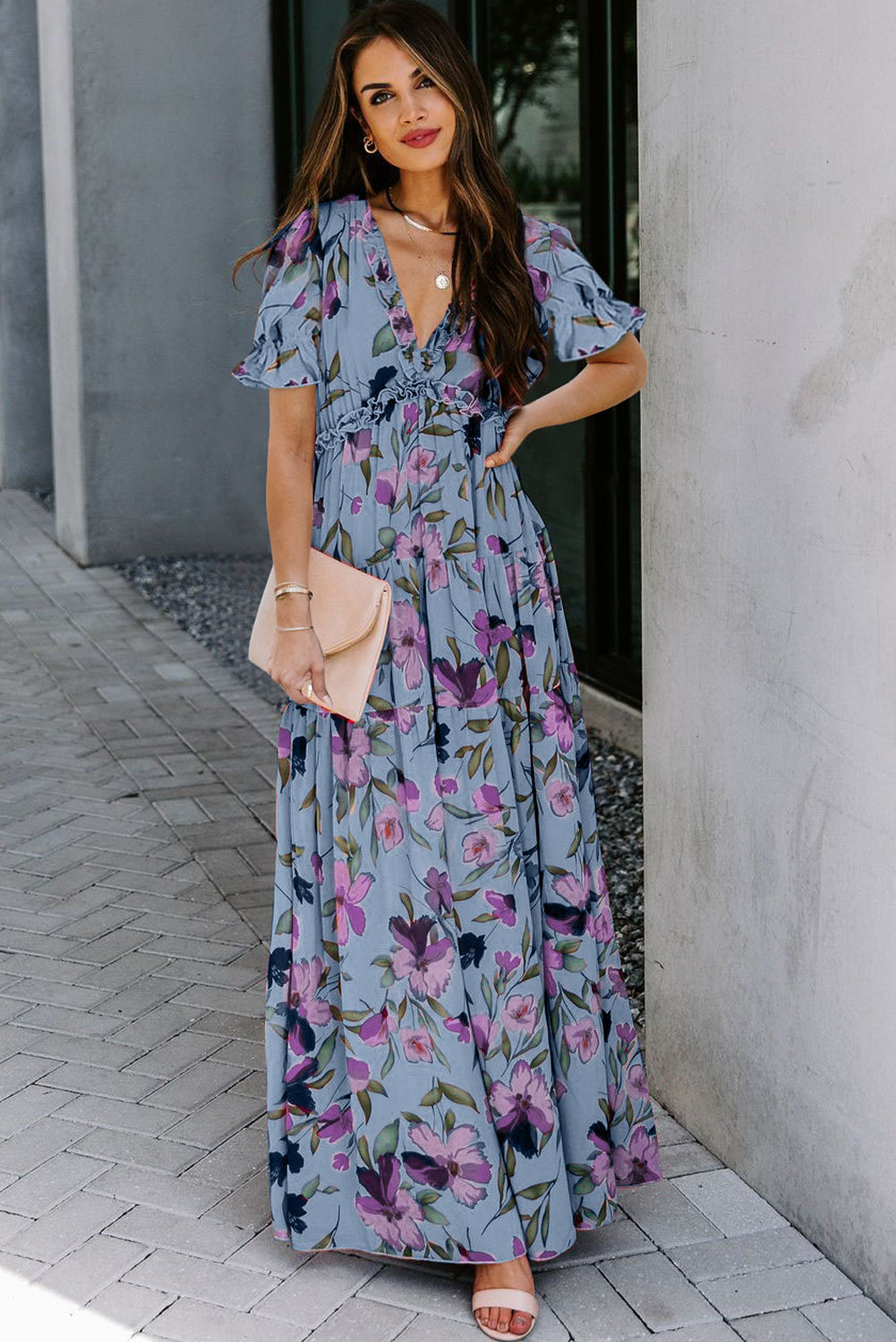 Sky Blue Fiery Floral Print Frilled V Neck Short Sleeve Maxi Dress-Dresses/Maxi Dresses-[Adult]-[Female]-2022 Online Blue Zone Planet