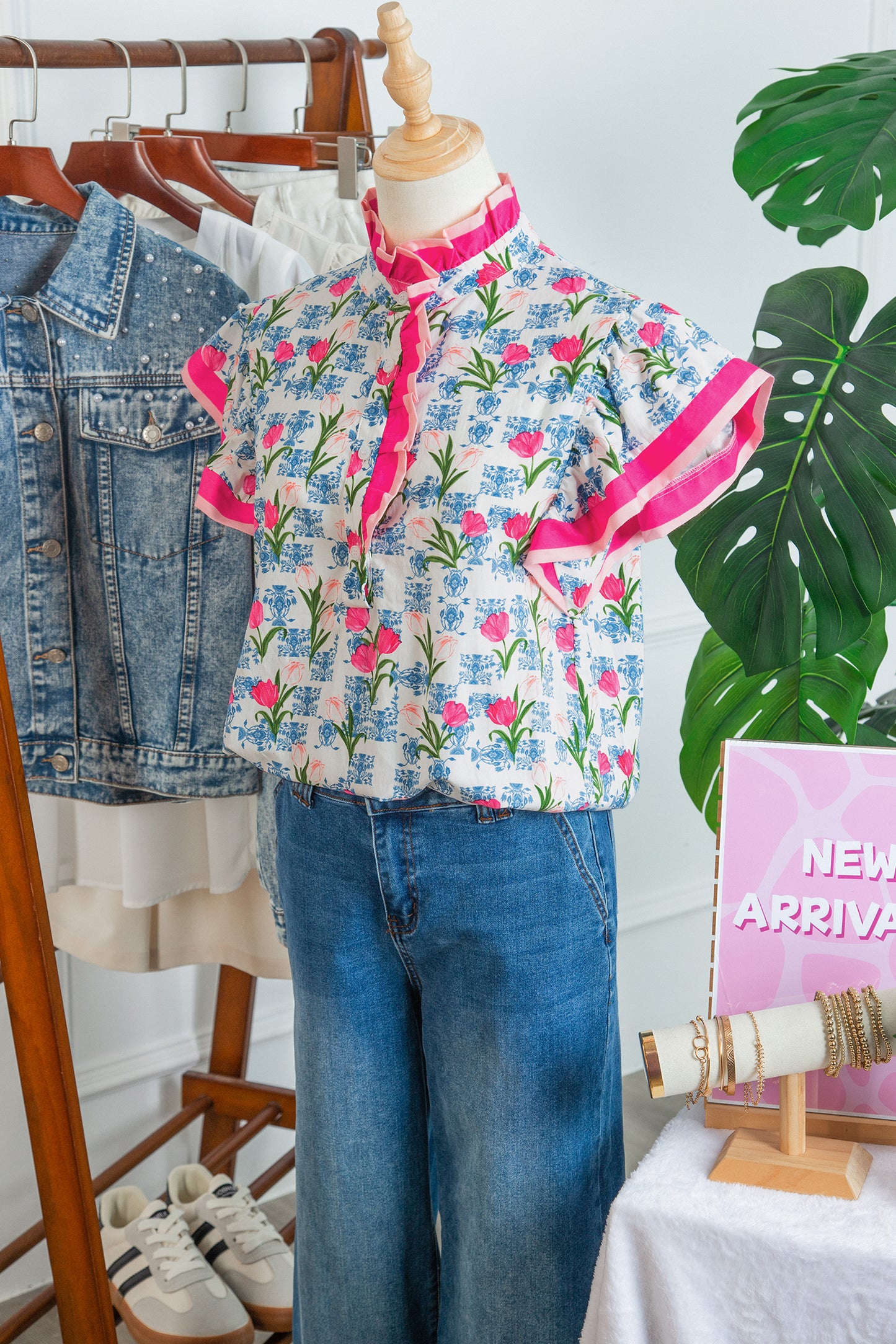 Rose Floral Print Color Block Striped Trim Flutter Sleeve Half Button Blouse-Tops/Blouses & Shirts-[Adult]-[Female]-2022 Online Blue Zone Planet