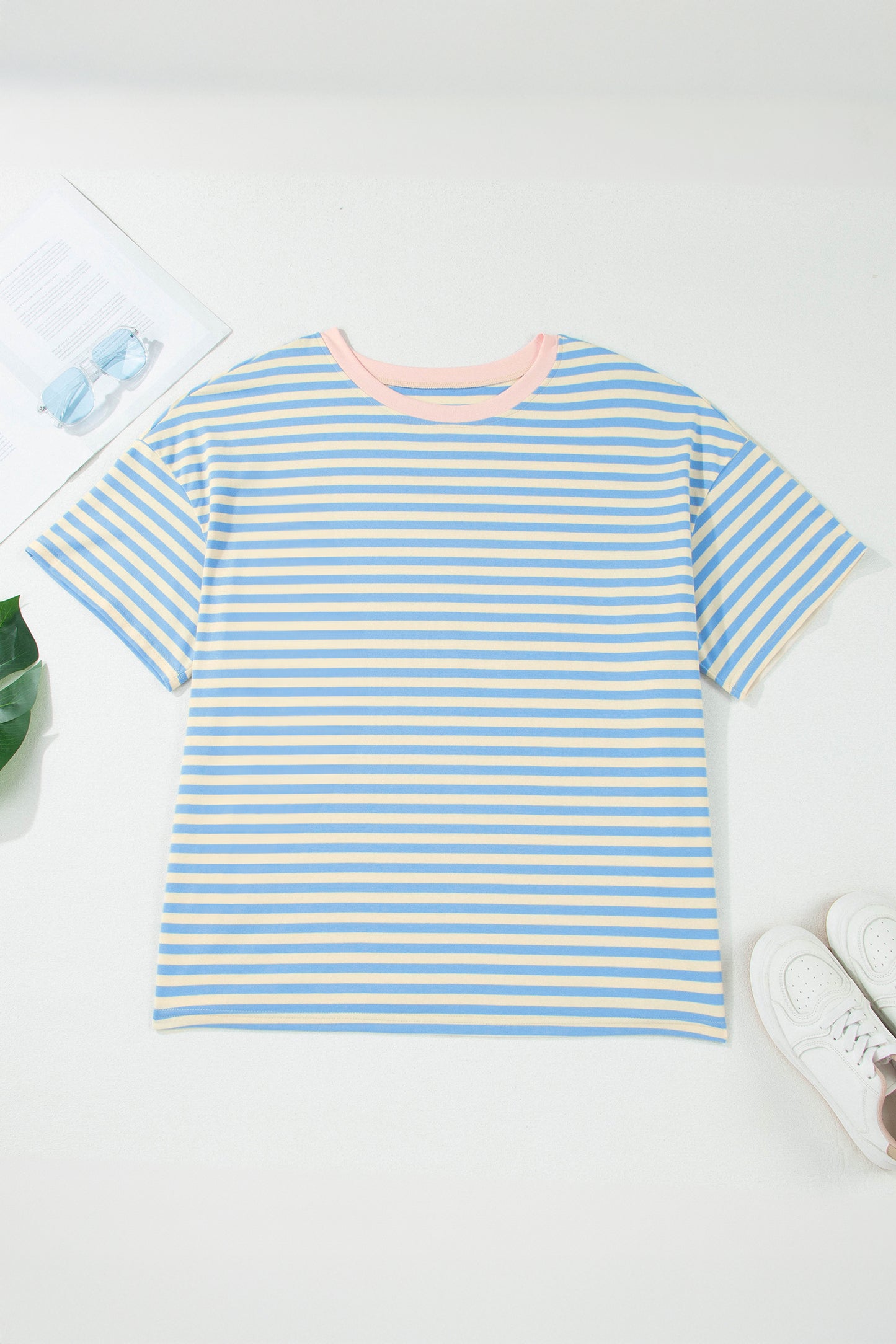 Sky Blue Stripe Plus Size Drop Shoulder Contrast Trim Round Neck Tee-Plus Size/Plus Size Tops/Plus Size Tops & Tees-[Adult]-[Female]-2022 Online Blue Zone Planet