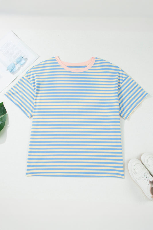 Sky Blue Stripe Plus Size Drop Shoulder Contrast Trim Round Neck Tee-Plus Size/Plus Size Tops/Plus Size Tops & Tees-[Adult]-[Female]-2022 Online Blue Zone Planet