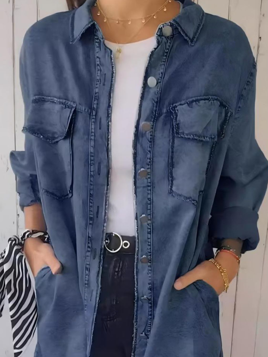 Full Size Raw Hem Button Up Long Sleeve Denim Top Plus Size-TOPS / DRESSES-[Adult]-[Female]-2022 Online Blue Zone Planet