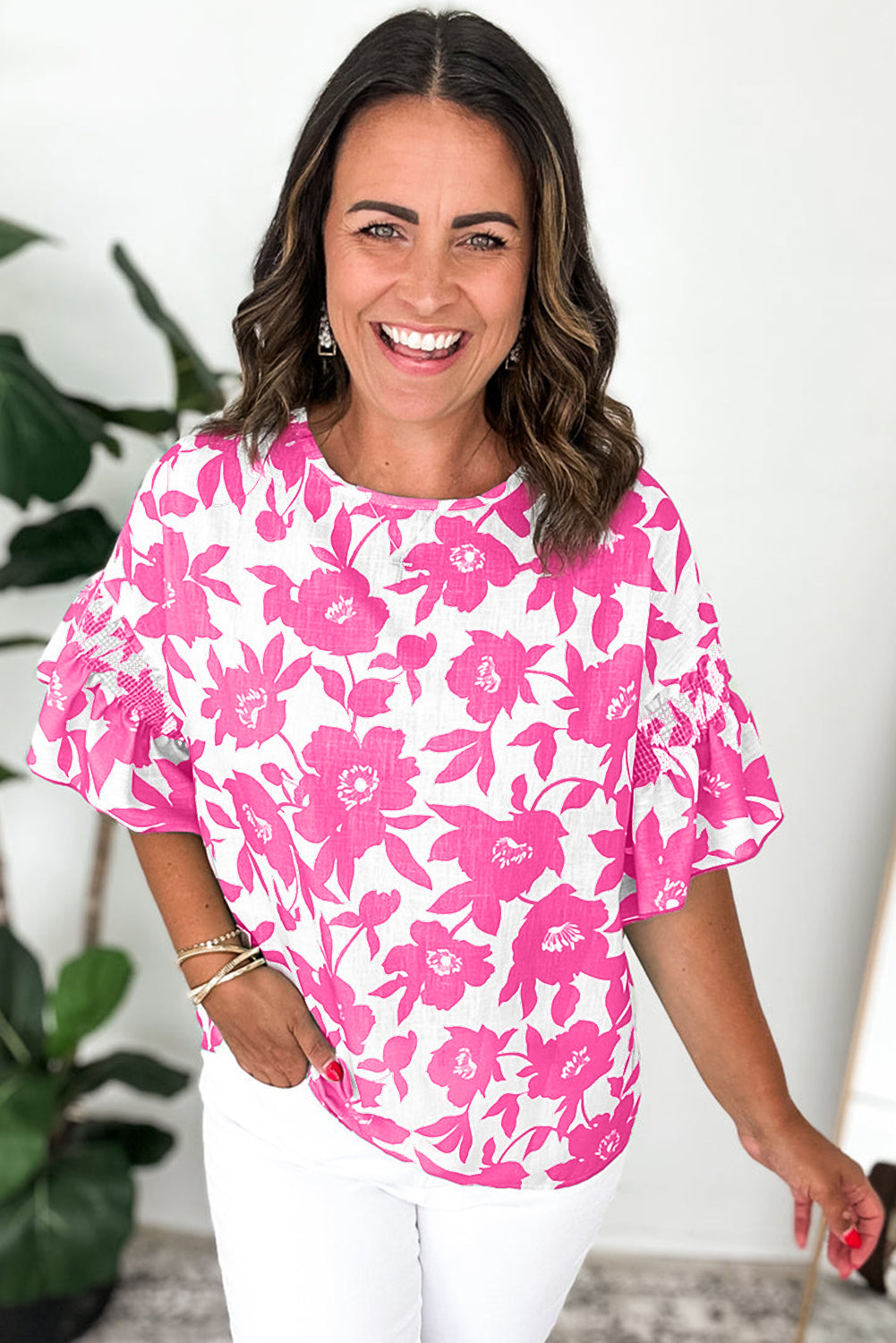 Pink Floral Printed Ruffled Short Sleeve Round Neck Loose Blouse-Tops/Blouses & Shirts-[Adult]-[Female]-2022 Online Blue Zone Planet
