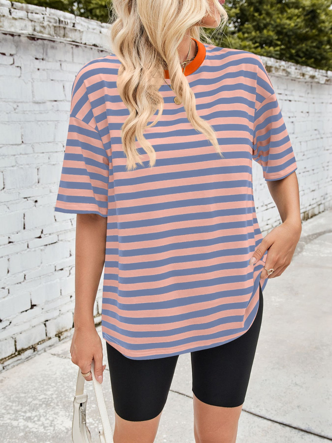 Lovelet Striped Round Neck Half Sleeve T-Shirt-TOPS / DRESSES-[Adult]-[Female]-2022 Online Blue Zone Planet