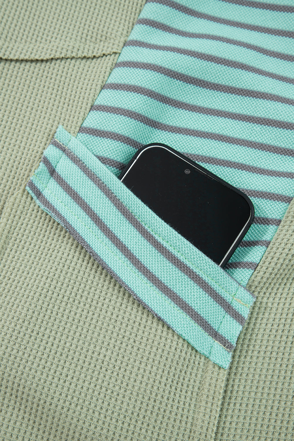 Meadow Mist Green Exposed Seam Waffle Striped Patchwork Baggy Pullover-Tops/Long Sleeve Tops-[Adult]-[Female]-2022 Online Blue Zone Planet
