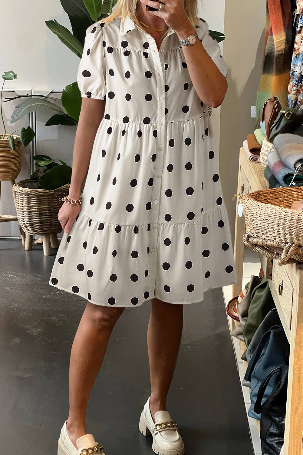 White Polka Dot Print Short Sleeve Collar Buttoned Tiered Babydoll Dress-TOPS / DRESSES-[Adult]-[Female]-2022 Online Blue Zone Planet