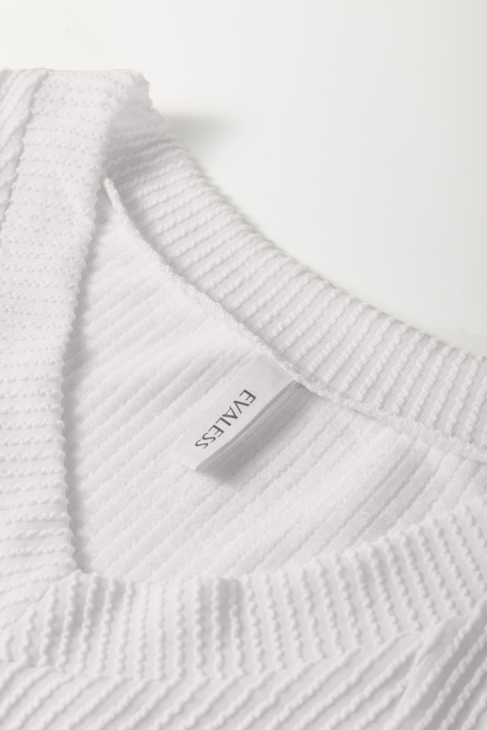 Blue Zone Planet | White Solid Color Corded Drop Shoulder 3/4 Sleeve V Neck Top-Tops/Long Sleeve Tops-[Adult]-[Female]-2022 Online Blue Zone Planet