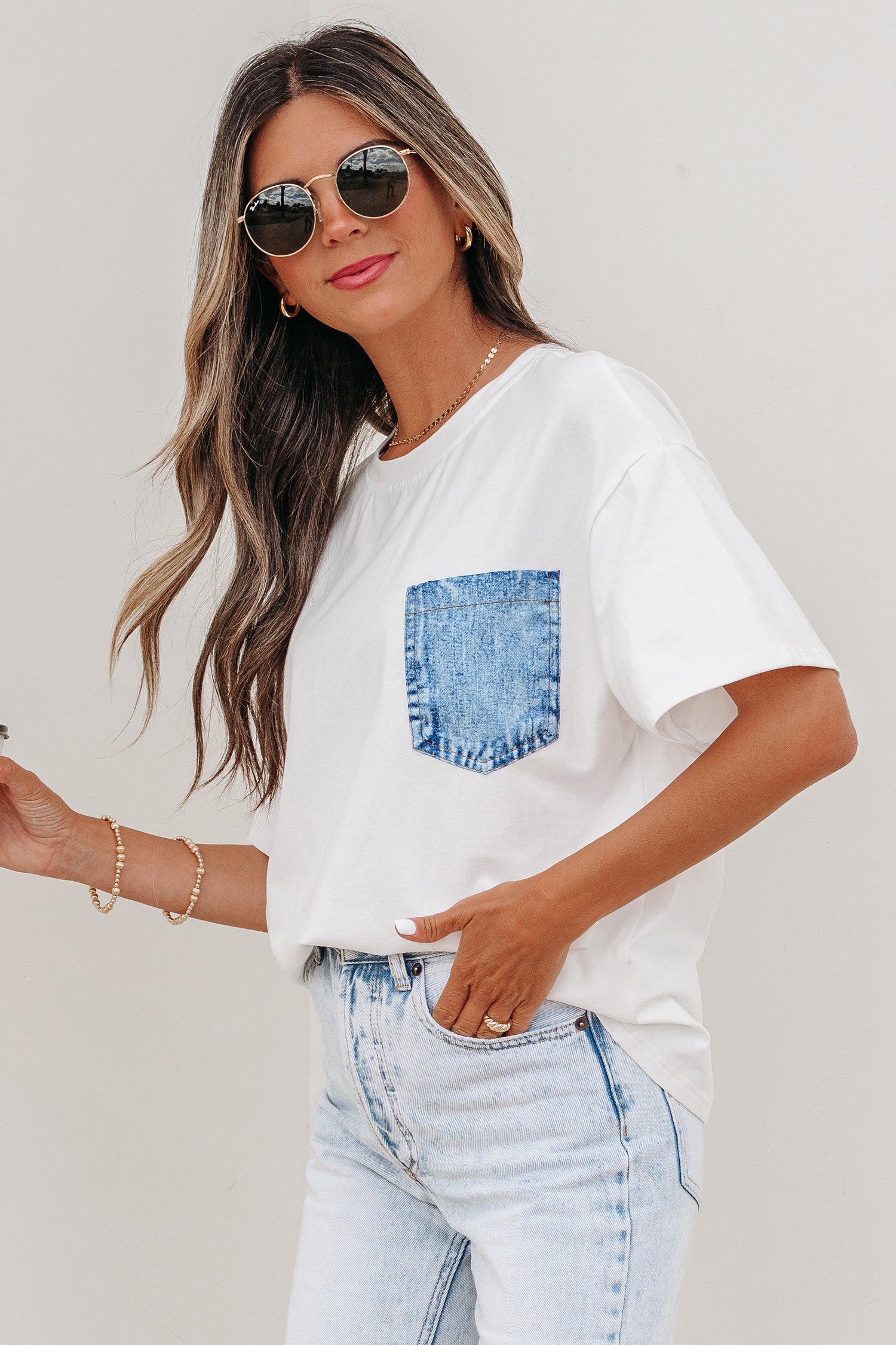 Sail Blue Color Block Chest Pocket Patched Casual Short Sleeve Top-Tops/Tops & Tees-[Adult]-[Female]-2022 Online Blue Zone Planet