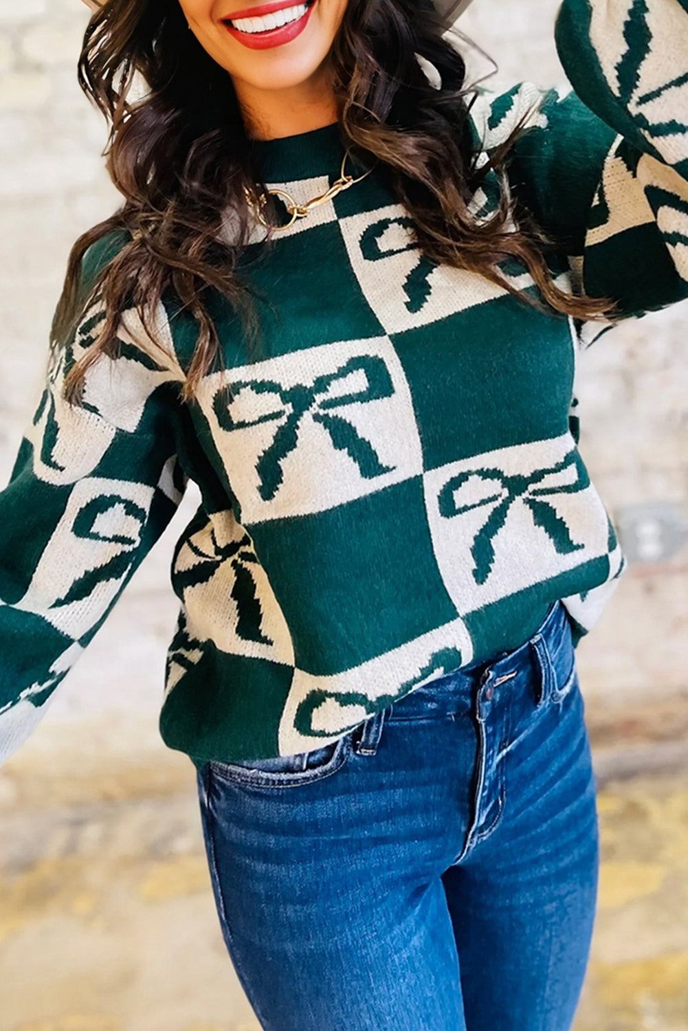 Blackish Green Checkered Bow Print Casual Sweater-TOPS / DRESSES-[Adult]-[Female]-2022 Online Blue Zone Planet