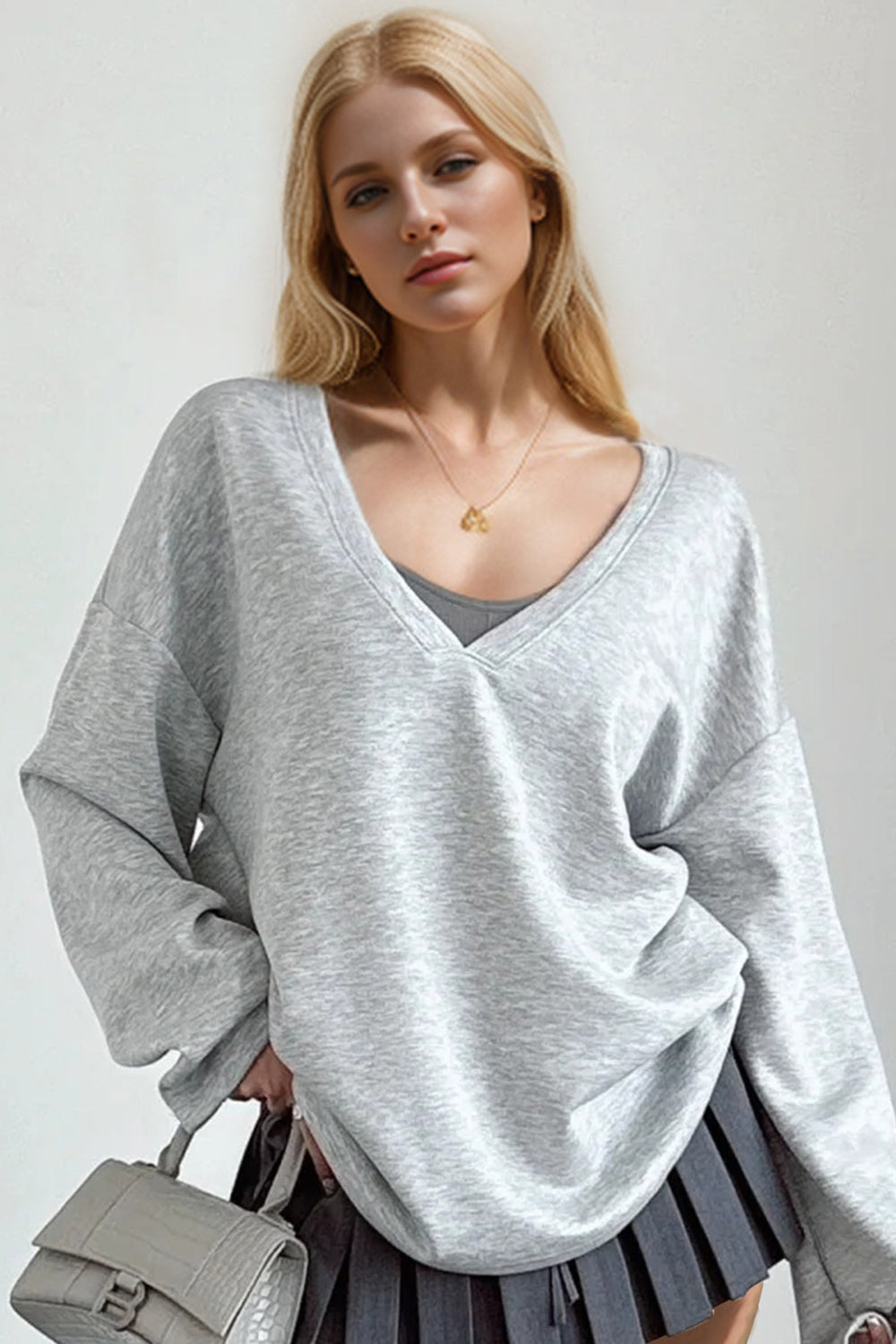 Basic Bae V-Neck Dropped Shoulder Long Sleeve Sweatshirt with Bra-TOPS / DRESSES-[Adult]-[Female]-Light Gray-S-2022 Online Blue Zone Planet