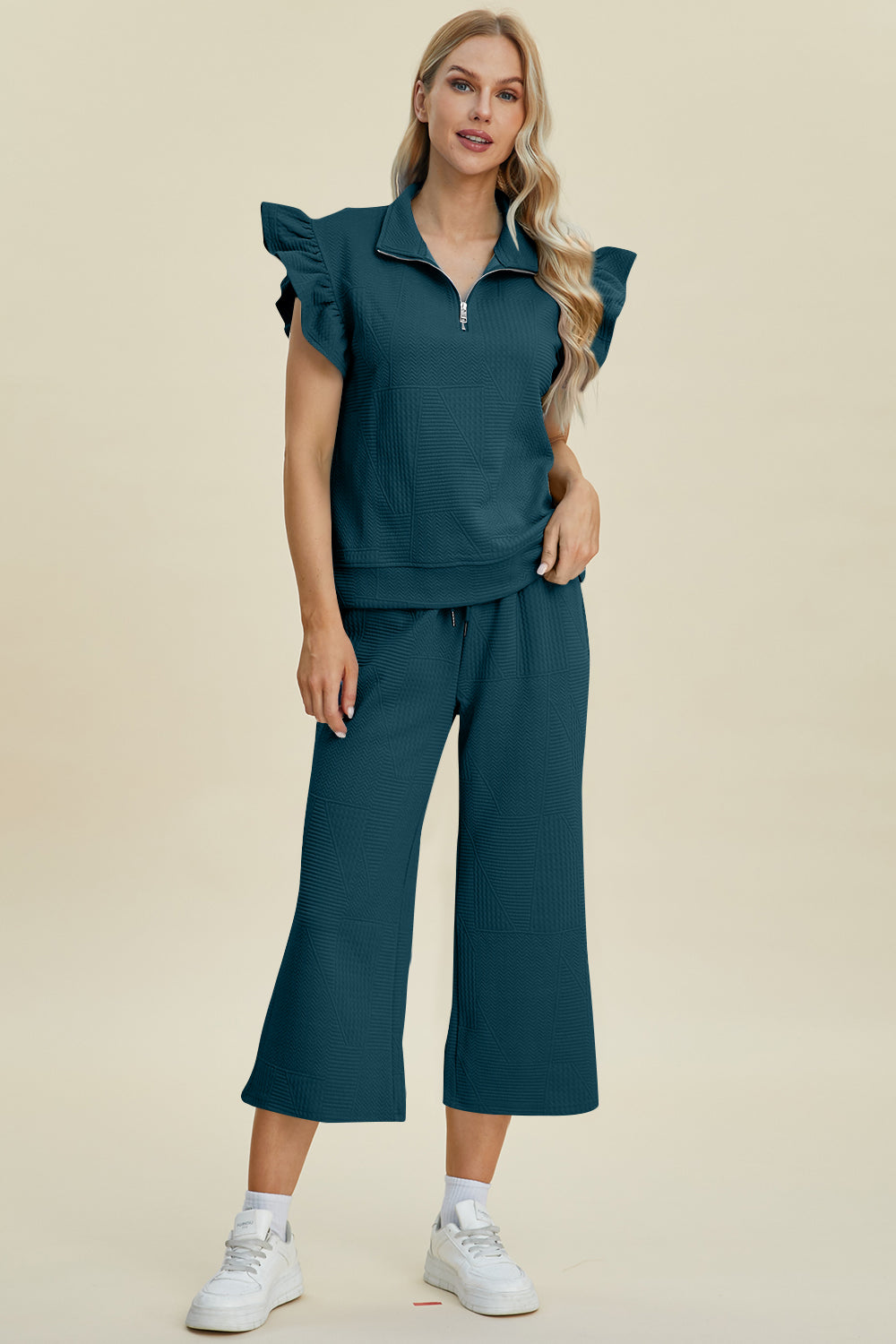 Double Take Full Size Texture Ruffle Short Sleeve Top and Wide Leg Pants Set-TOPS / DRESSES-[Adult]-[Female]-2022 Online Blue Zone Planet