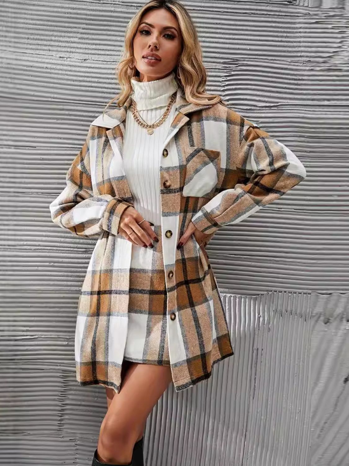 Plaid Button Up Long Sleeve Coat and Skirt Set-TOPS / DRESSES-[Adult]-[Female]-2022 Online Blue Zone Planet