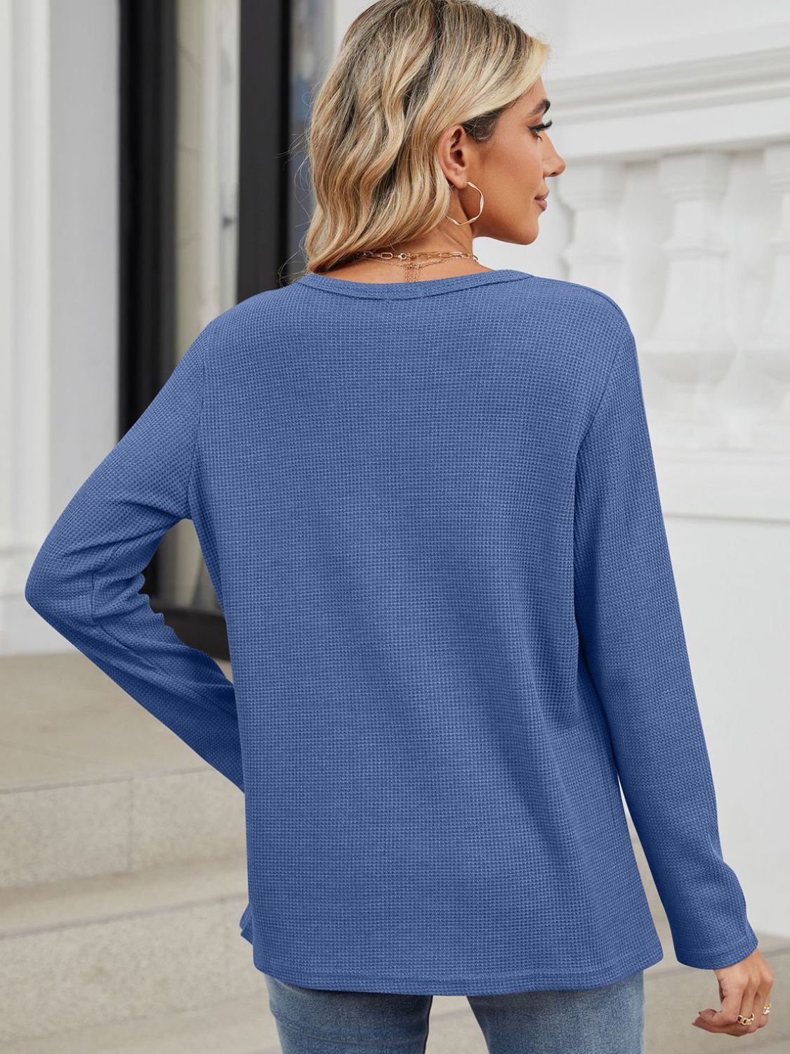 Blue Zone Planet | Waffle-Knit Notched Long Sleeve T-Shirt-TOPS / DRESSES-[Adult]-[Female]-2022 Online Blue Zone Planet