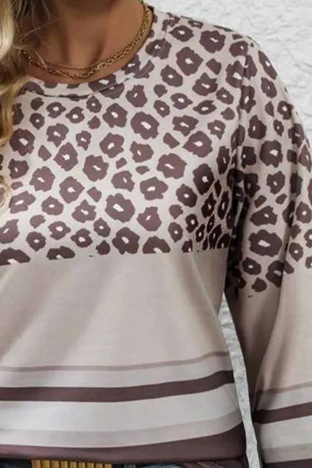 Plus Size Leopard Round Neck Long Sleeve Top-TOPS / DRESSES-[Adult]-[Female]-2022 Online Blue Zone Planet