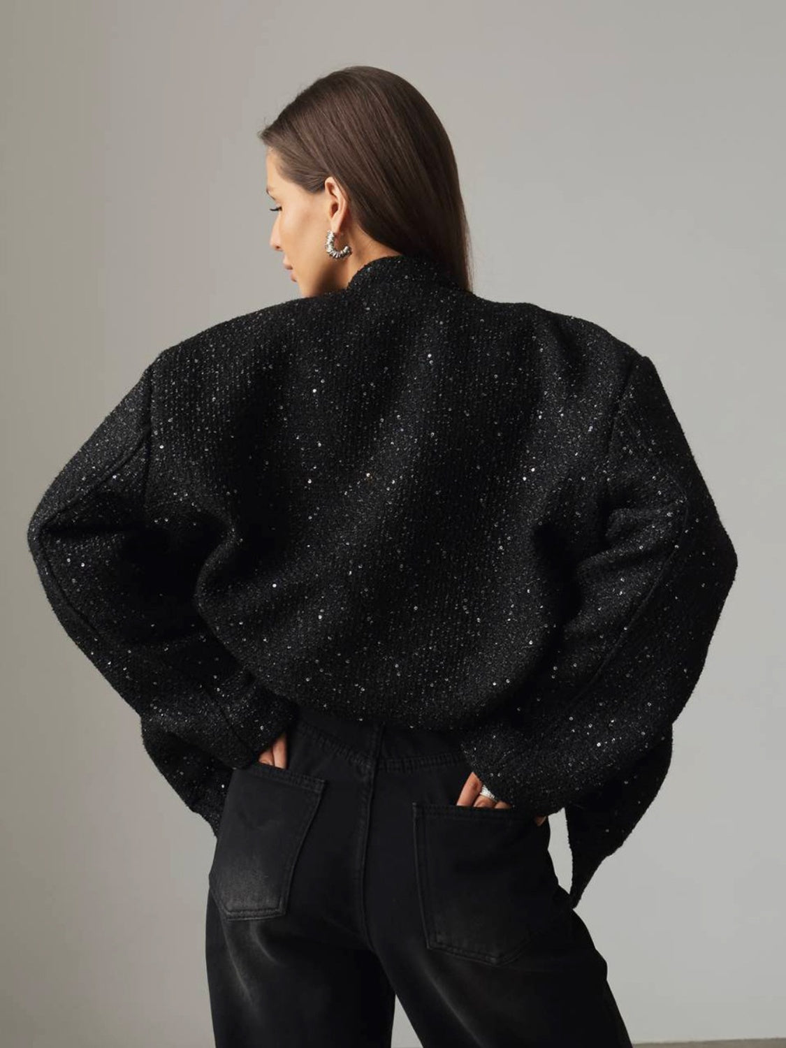 Sequin Detail Pocketed Long Sleeve Jacket-TOPS / DRESSES-[Adult]-[Female]-2022 Online Blue Zone Planet