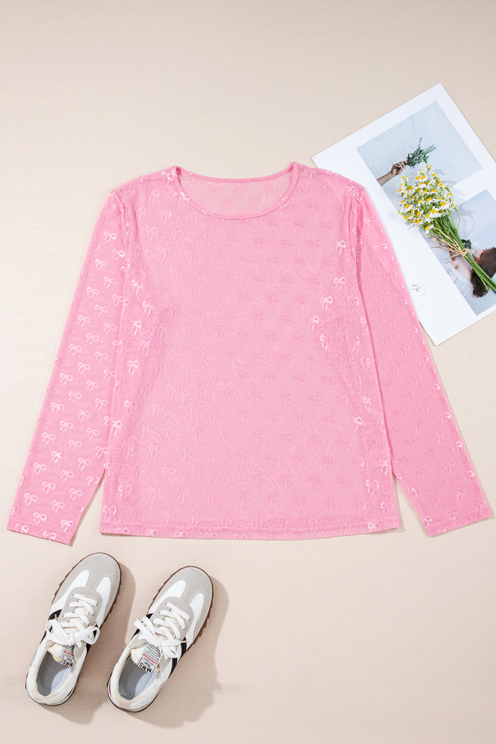 Pink Plus Size Bow Embroidered Mesh Long Sleeve Top-Plus Size/Plus Size Tops/Plus Size Long Sleeve Tops-[Adult]-[Female]-2022 Online Blue Zone Planet