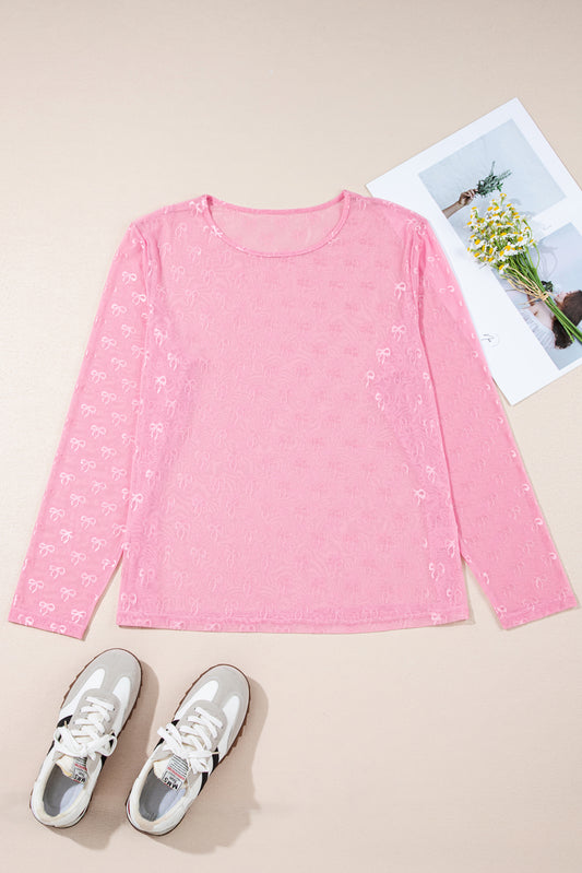 Pink Plus Size Bow Embroidered Mesh Long Sleeve Top-Plus Size/Plus Size Tops/Plus Size Long Sleeve Tops-[Adult]-[Female]-2022 Online Blue Zone Planet