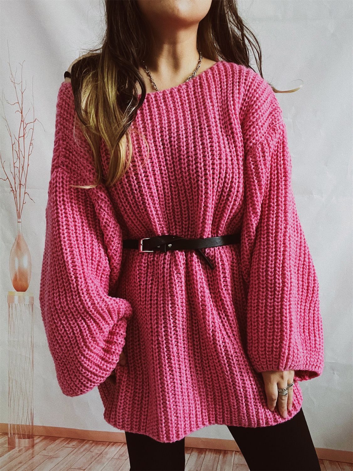 Boat Neck Long Sleeve Sweater with Belt-TOPS / DRESSES-[Adult]-[Female]-Hot Pink-One Size-2022 Online Blue Zone Planet