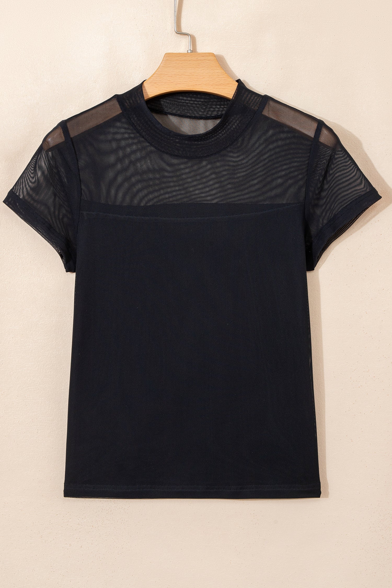 Black Sheer Mesh Patchwork Cap Sleeve T Shirt-Tops/Tops & Tees-[Adult]-[Female]-2022 Online Blue Zone Planet
