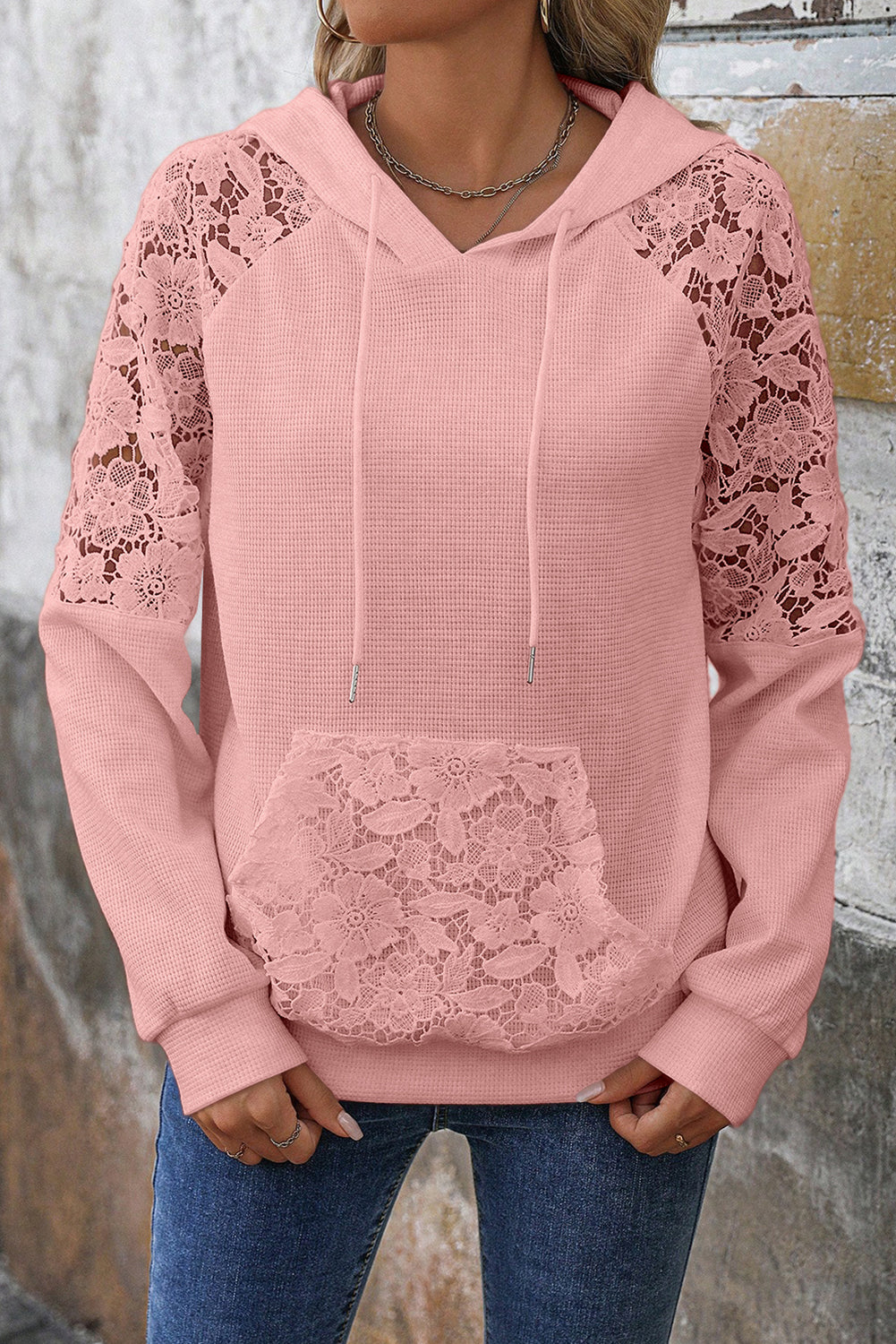 Gossamer Pink Lace Patchwork Raglan Sleeve Kangaroo Pocket Waffle Hoodie-Tops / Dresses-[Adult]-[Female]-2022 Online Blue Zone Planet