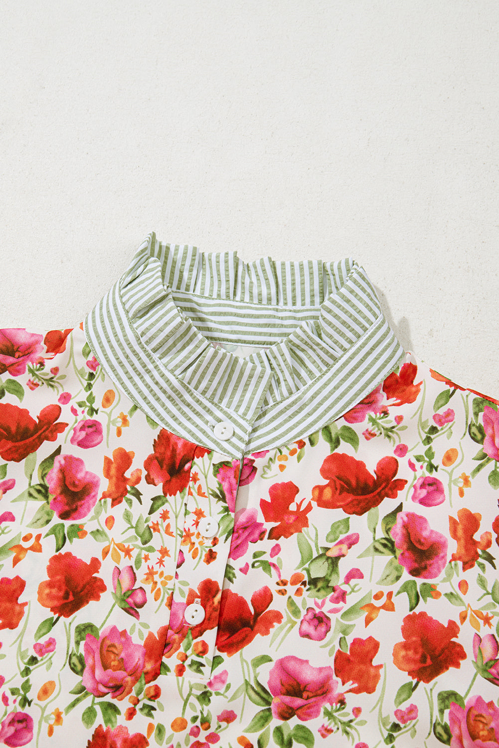 Red Floral Print Striped Patchwork Collared Short Sleeve Blouse-Tops/Blouses & Shirts-[Adult]-[Female]-2022 Online Blue Zone Planet
