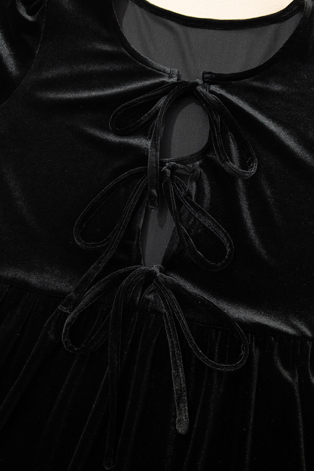 Black Front Tie Velvet Bubble Sleeve Mini Dress-TOPS / DRESSES-[Adult]-[Female]-2022 Online Blue Zone Planet