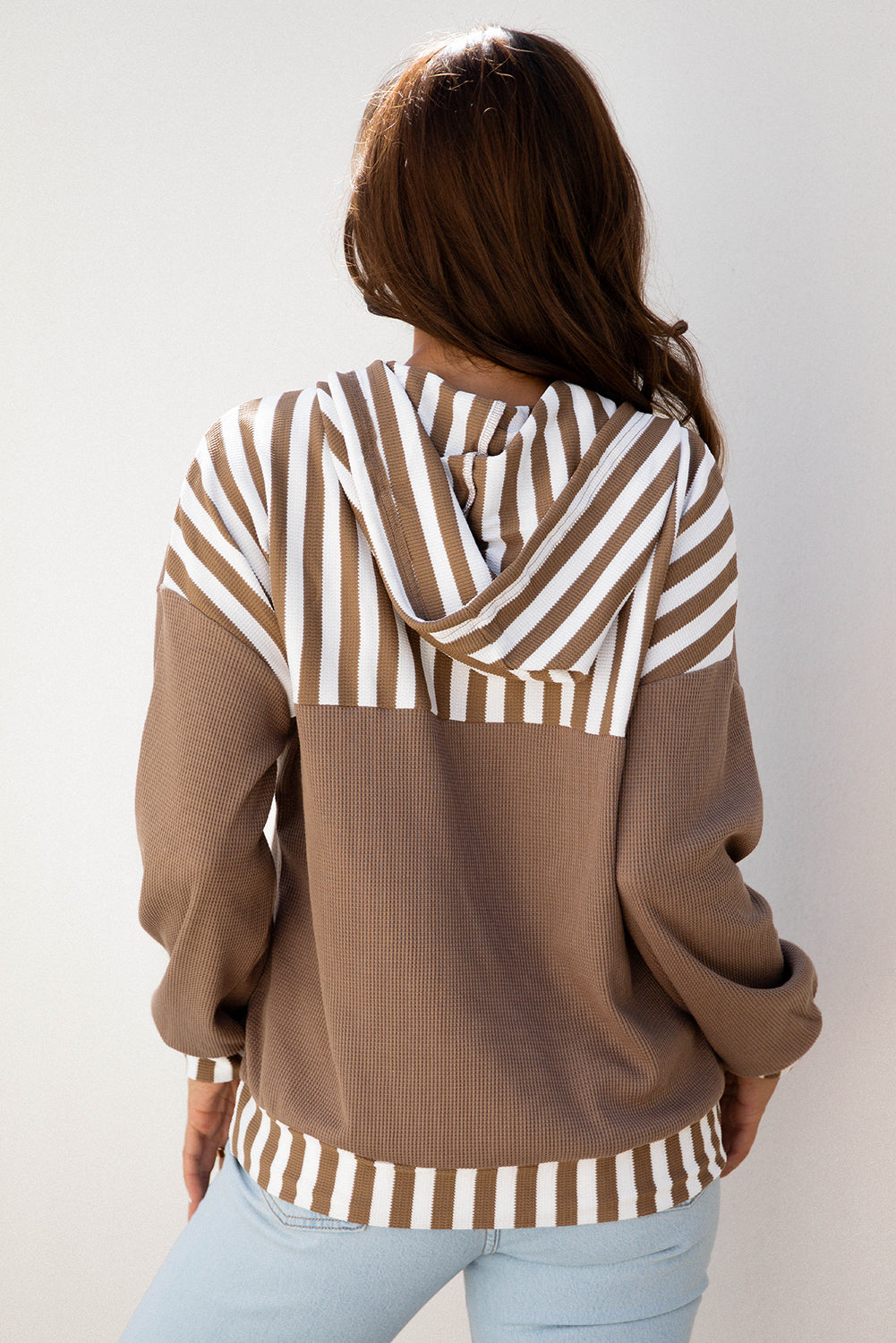 Straw Yellow Waffle Texture Striped Patchwork Button Neck Drawstring Hoodie-Tops / Dresses-[Adult]-[Female]-2022 Online Blue Zone Planet