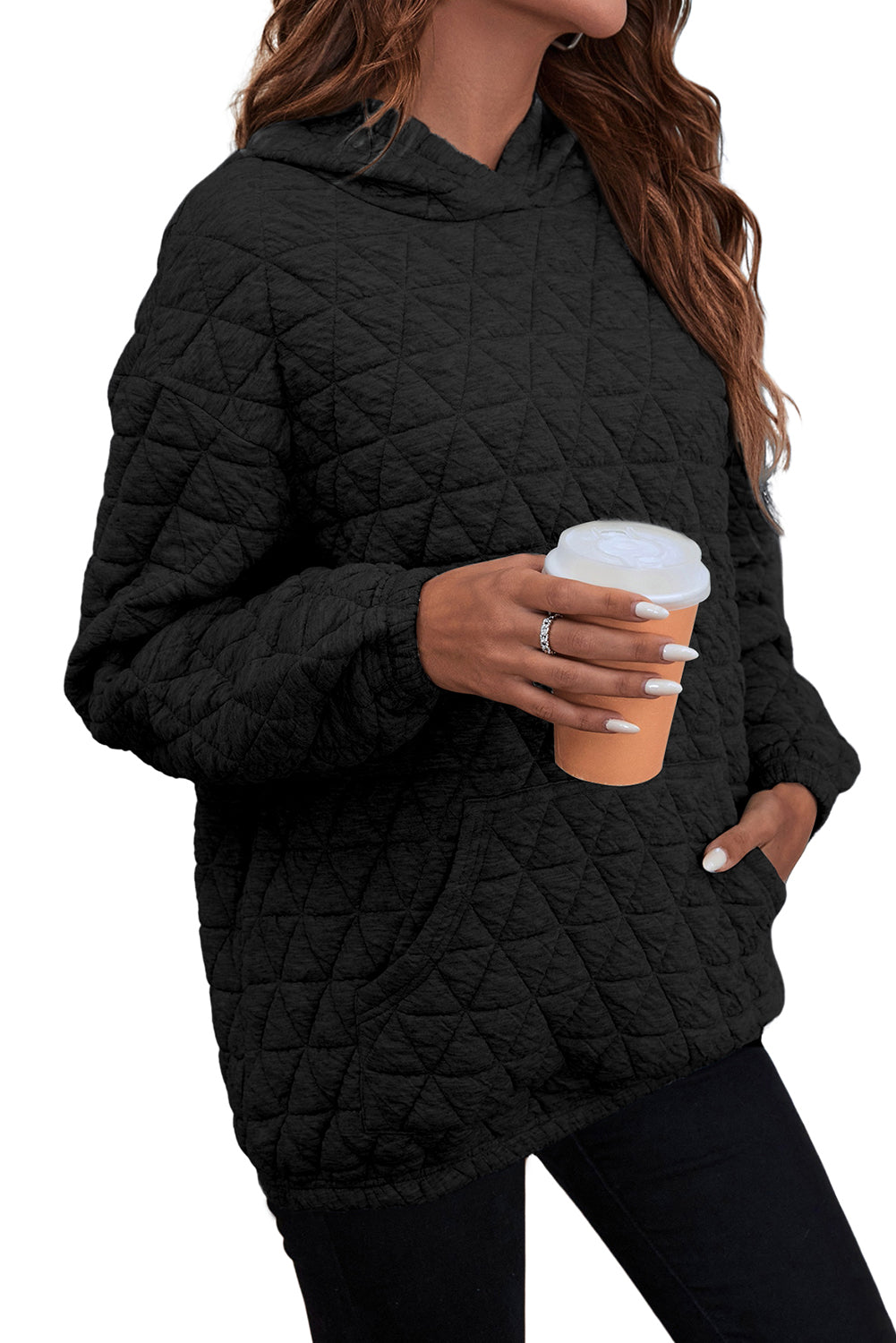 Black Solid Color Quilted Kangaroo Pocket Hoodie-Tops/Sweatshirts & Hoodies-[Adult]-[Female]-2022 Online Blue Zone Planet