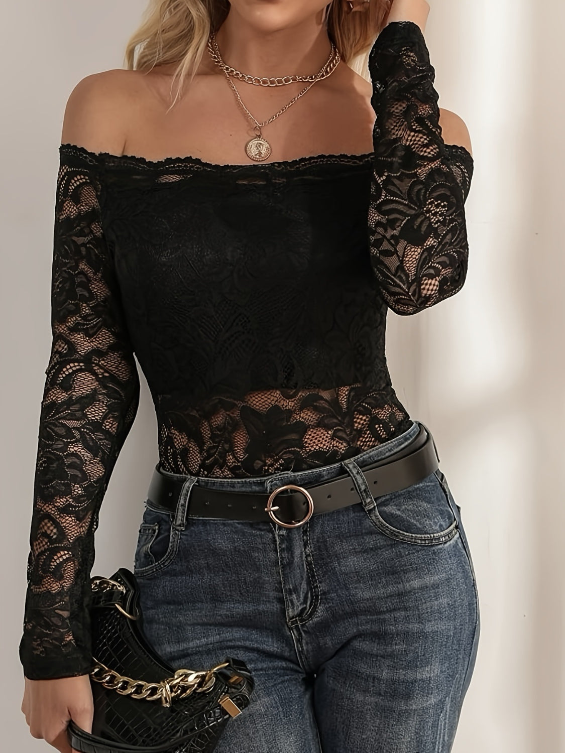 Off-Shoulder Long Sleeve Lace Top-TOPS / DRESSES-[Adult]-[Female]-2022 Online Blue Zone Planet