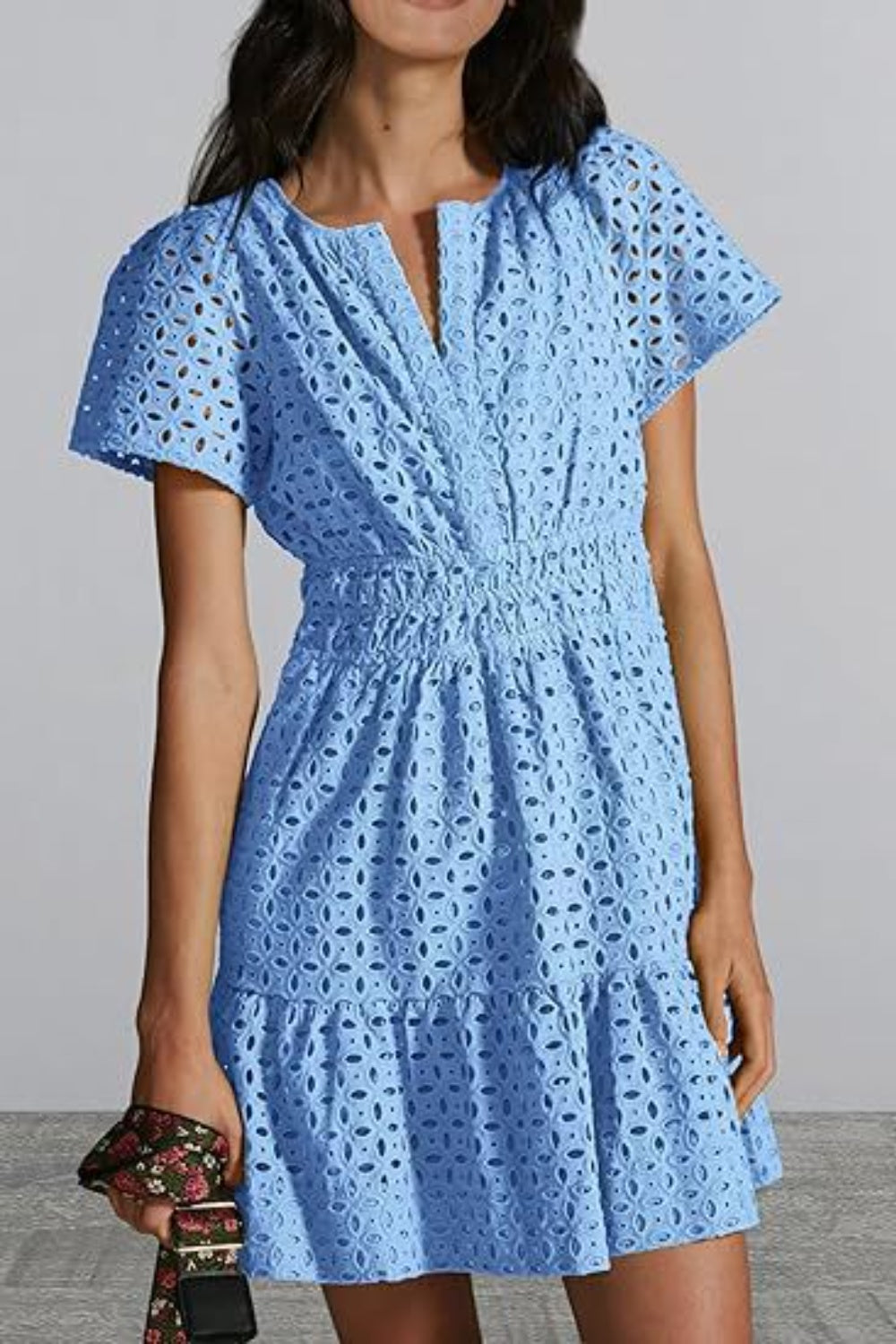 Blue Zone Planet | Eyelet Notched Short Sleeve Mini Dress-TOPS / DRESSES-[Adult]-[Female]-Blue-S-2022 Online Blue Zone Planet