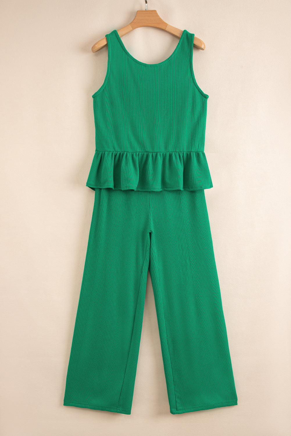 Green Solid Color Ribbed Ruffle Tank Top and Pants Set-Two Piece Sets/Pant Sets-[Adult]-[Female]-2022 Online Blue Zone Planet