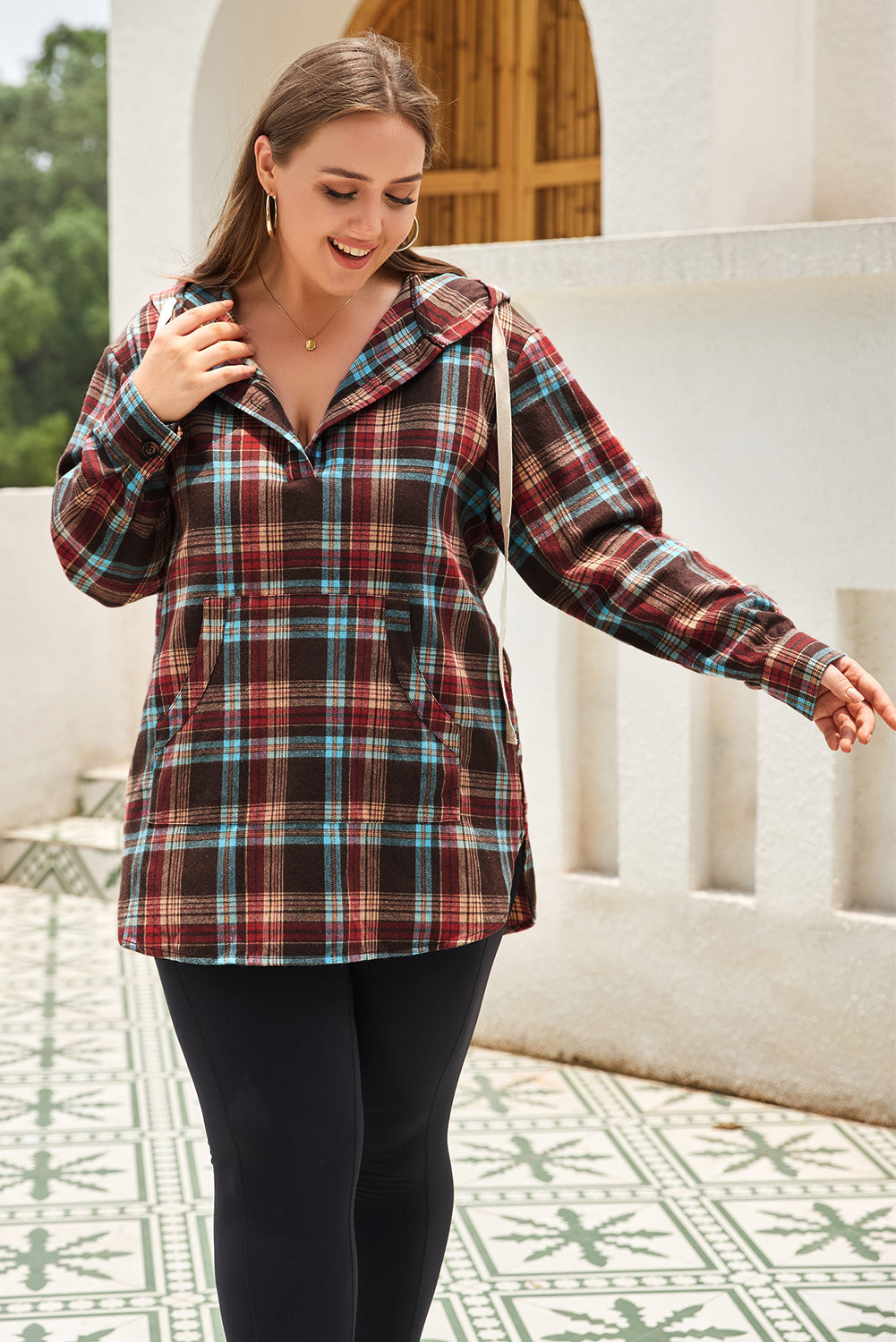 Plus Size Drawstring Plaid Quarter Button Hoodie-TOPS / DRESSES-[Adult]-[Female]-2022 Online Blue Zone Planet