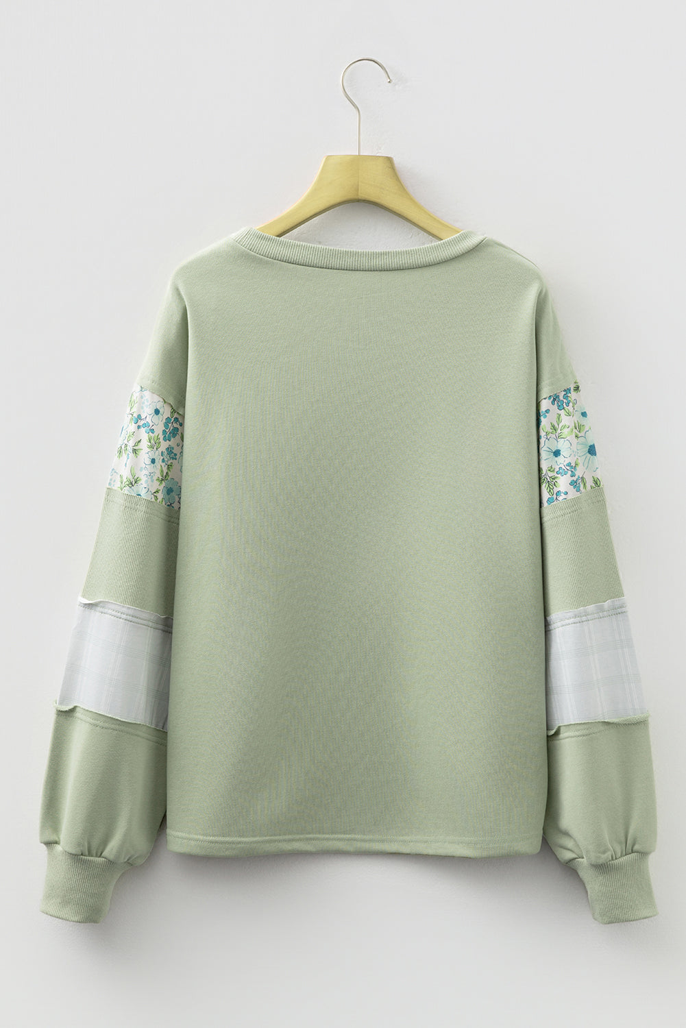 Laurel Green Floral Plaid Mixed Sleeve Raw Edge Relaxed French Terry Top-Tops/Long Sleeve Tops-[Adult]-[Female]-2022 Online Blue Zone Planet