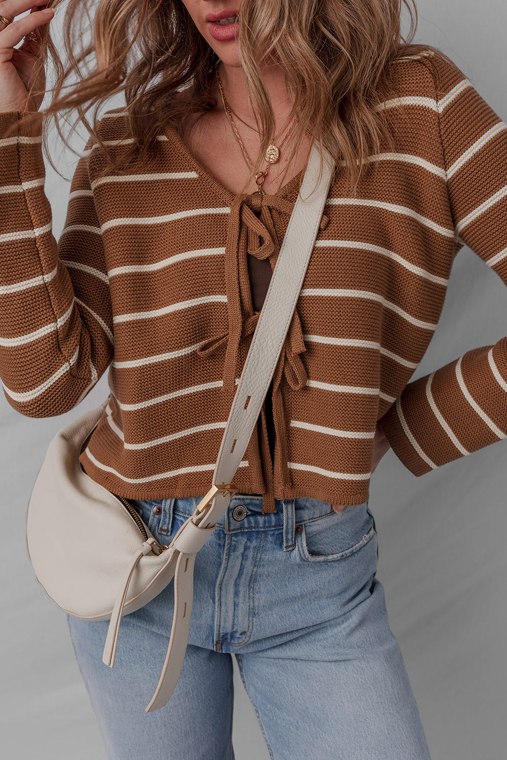 Chestnut Tie Front Striped Knit V Neck Cardigan Sweater-Sweaters & Cardigans/Cardigans-[Adult]-[Female]-2022 Online Blue Zone Planet