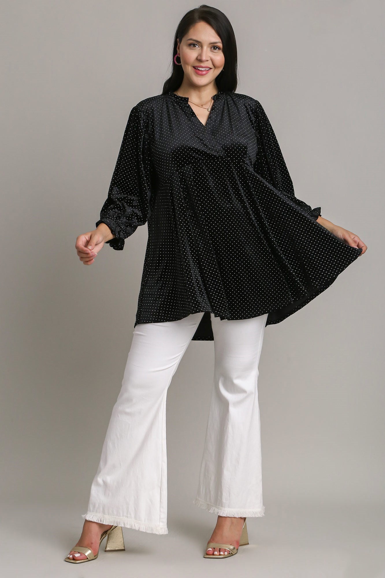Blue Zone Planet | Umgee Full Size Beaded Frill Flounce Sleeve Velvet Babydoll Blouse-TOPS / DRESSES-[Adult]-[Female]-2022 Online Blue Zone Planet