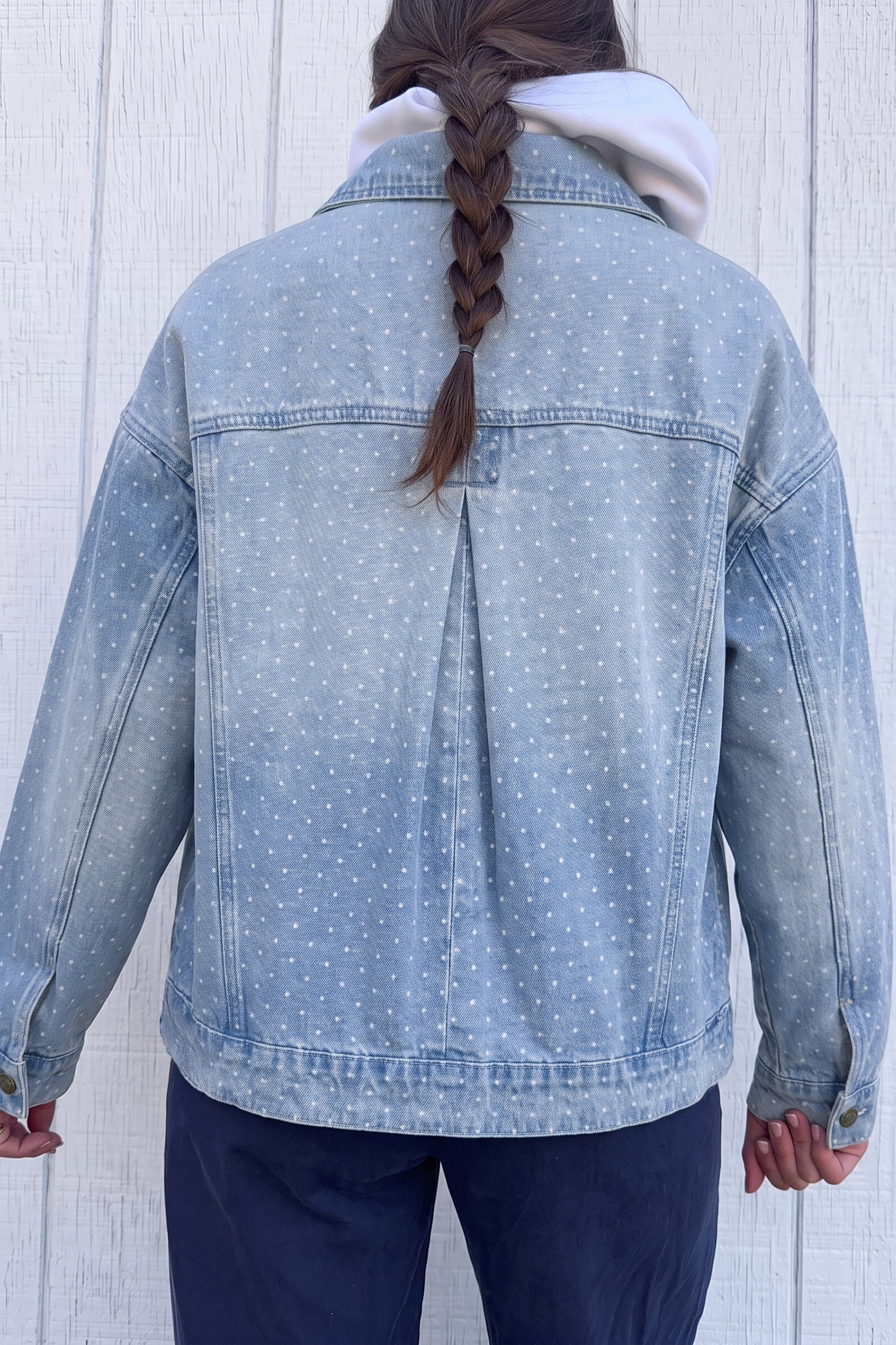 Sky Blue Polka Dot Long Sleeve Collar Pocket Casual Shift Silhouette Denim Jacket
