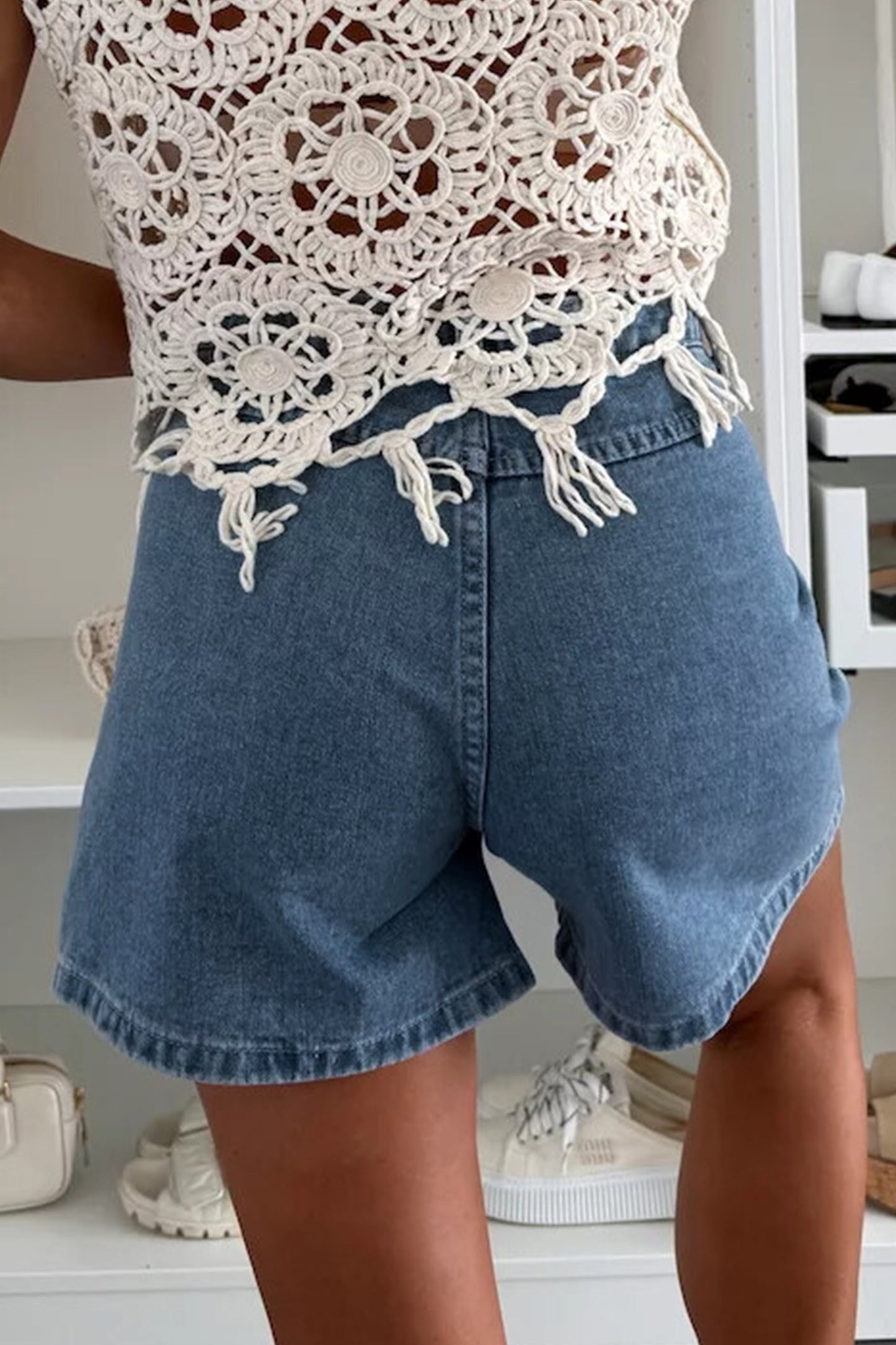 Dusk Blue Flap Pockets Denim Shorts-Bottoms/Denim Shorts-[Adult]-[Female]-2022 Online Blue Zone Planet