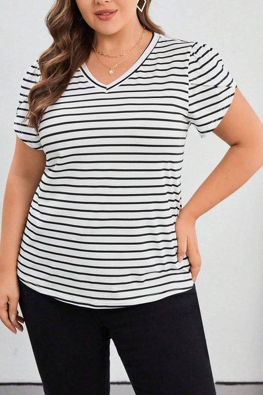 Plus Size Striped V-Neck Short Sleeve T-Shirt-TOPS / DRESSES-[Adult]-[Female]-Stripe-1X-2022 Online Blue Zone Planet