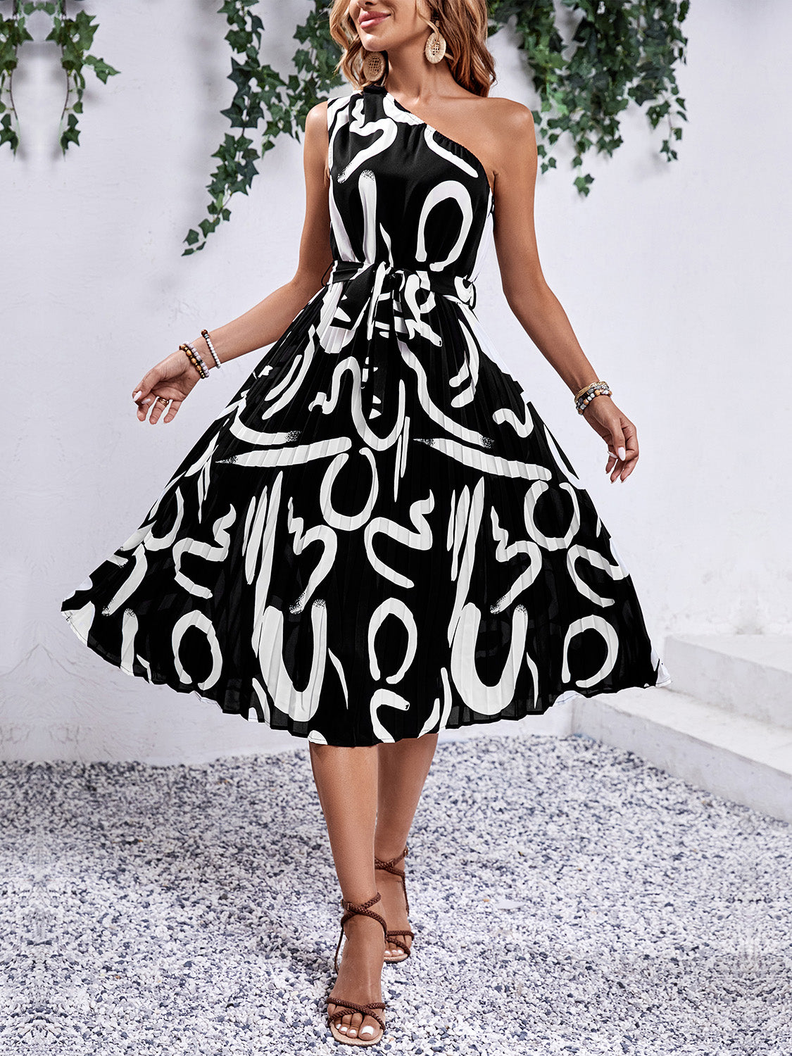 Printed Single Shoulder Tie Waist Dress-TOPS / DRESSES-[Adult]-[Female]-2022 Online Blue Zone Planet