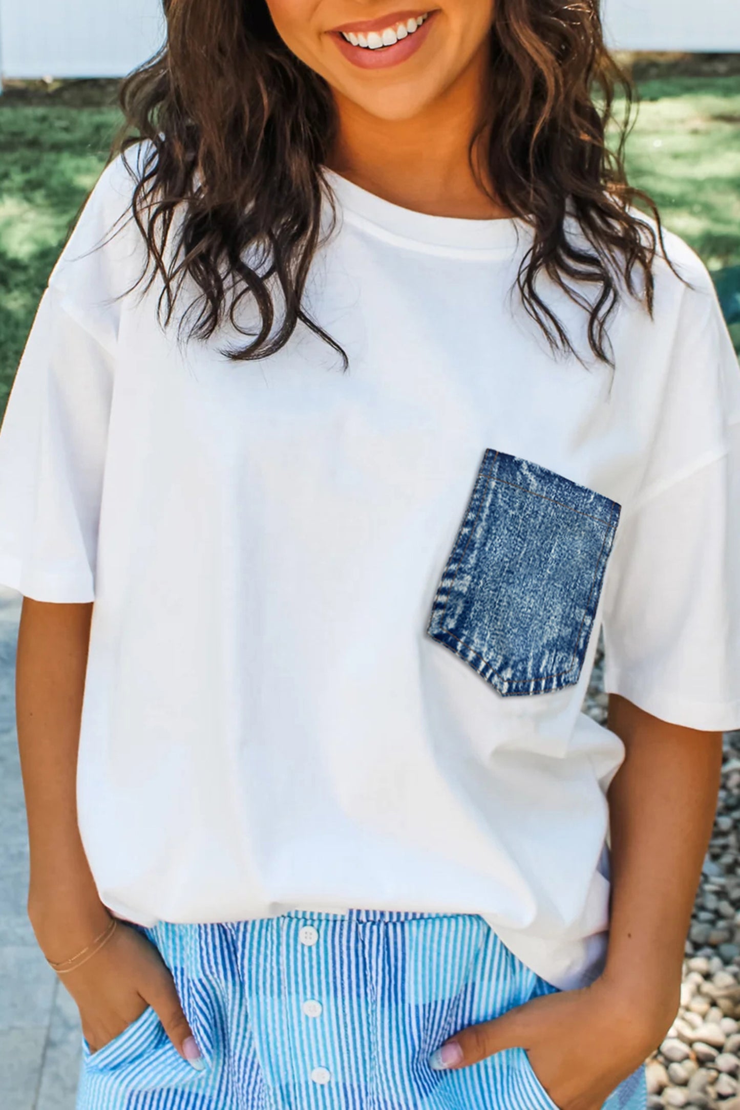 Sail Blue Color Block Chest Pocket Patched Casual Short Sleeve Top-Tops/Tops & Tees-[Adult]-[Female]-White-S-2022 Online Blue Zone Planet