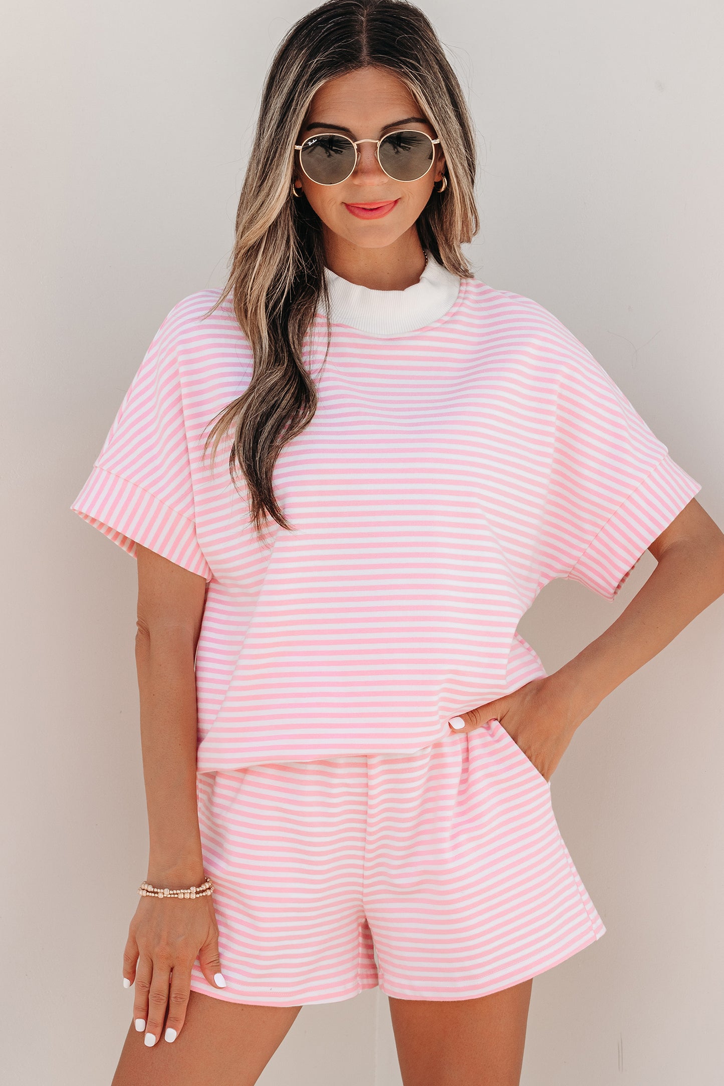 Pink Stripe Cuffed Sleeve Contrast Mock Neck Tee Casual 2pcs Short Set-Two Piece Sets/Short Sets-[Adult]-[Female]-2022 Online Blue Zone Planet