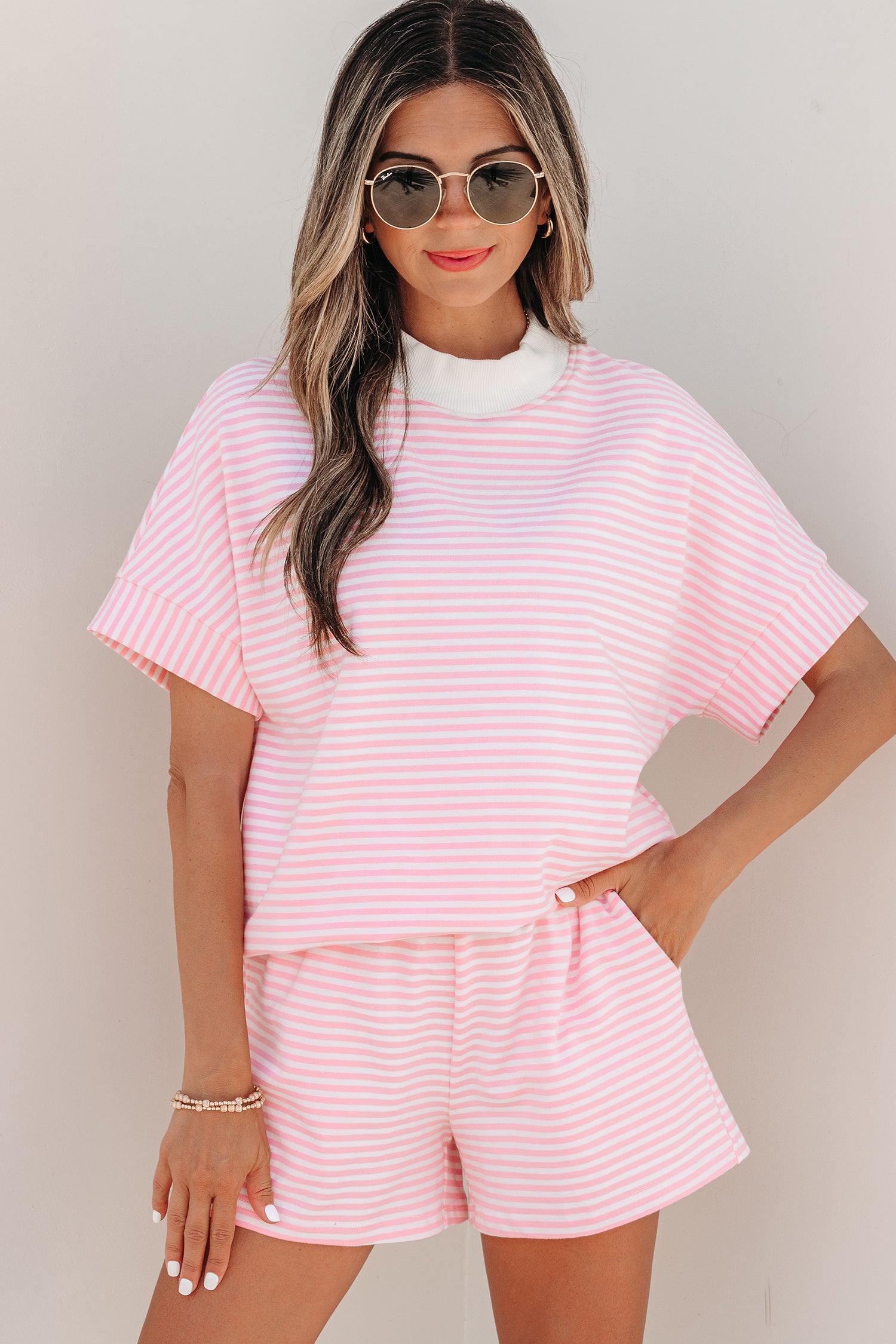 Pink Stripe Cuffed Sleeve Contrast Mock Neck Tee Casual 2pcs Short Set-Two Piece Sets/Short Sets-[Adult]-[Female]-2022 Online Blue Zone Planet