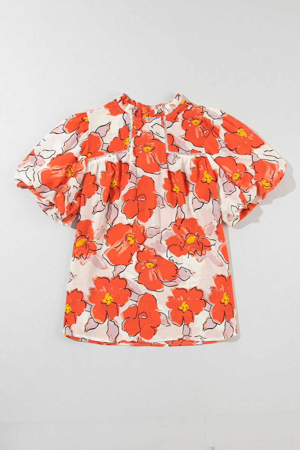 Orange Floral Bubble Sleeve Frill Neck Loose Blouse-Tops/Blouses & Shirts-[Adult]-[Female]-2022 Online Blue Zone Planet