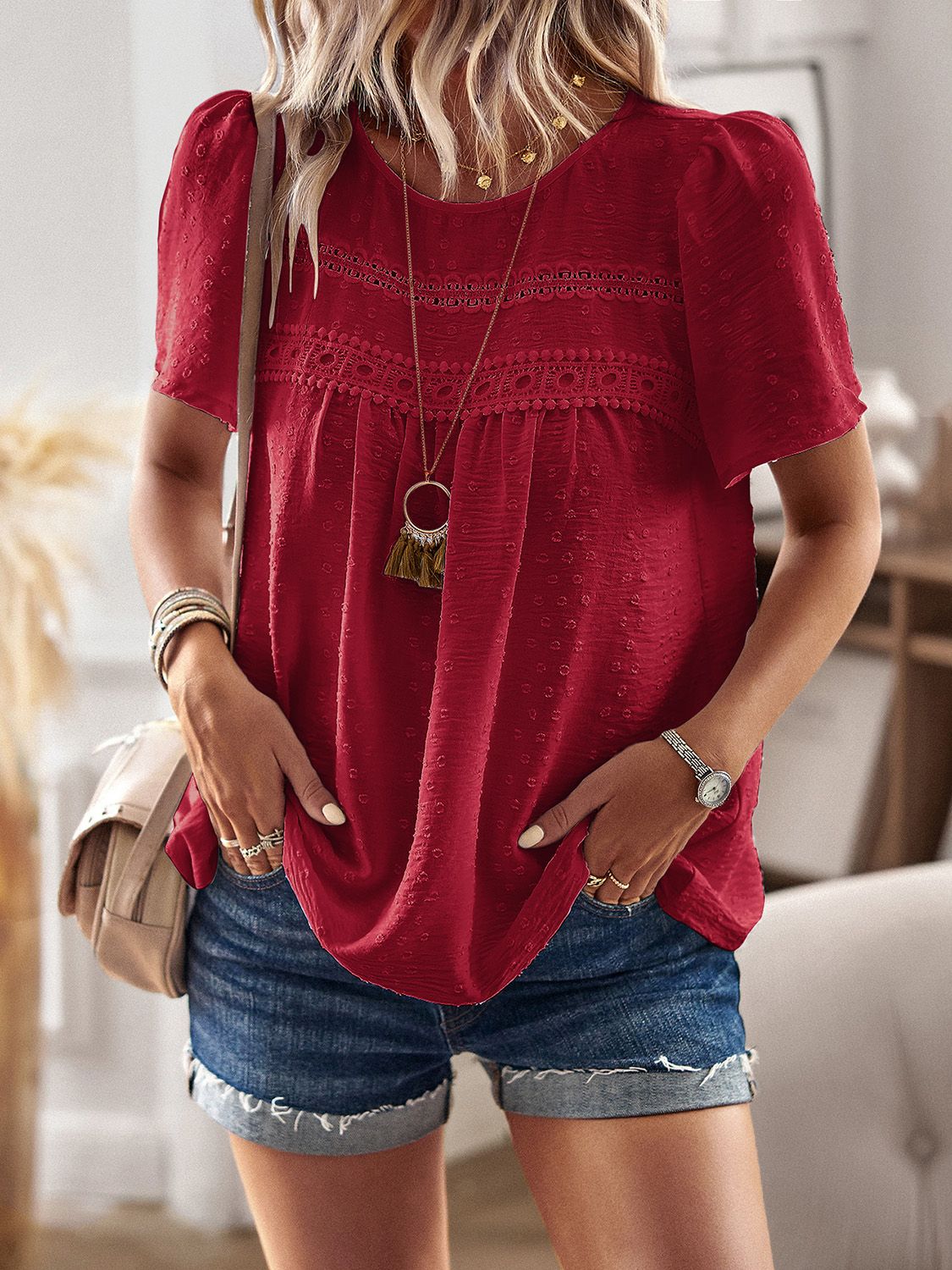 Blue Zone Planet | Lace Detail Round Neck Short Sleeve Blouse-TOPS / DRESSES-[Adult]-[Female]-Deep Red-S-2022 Online Blue Zone Planet