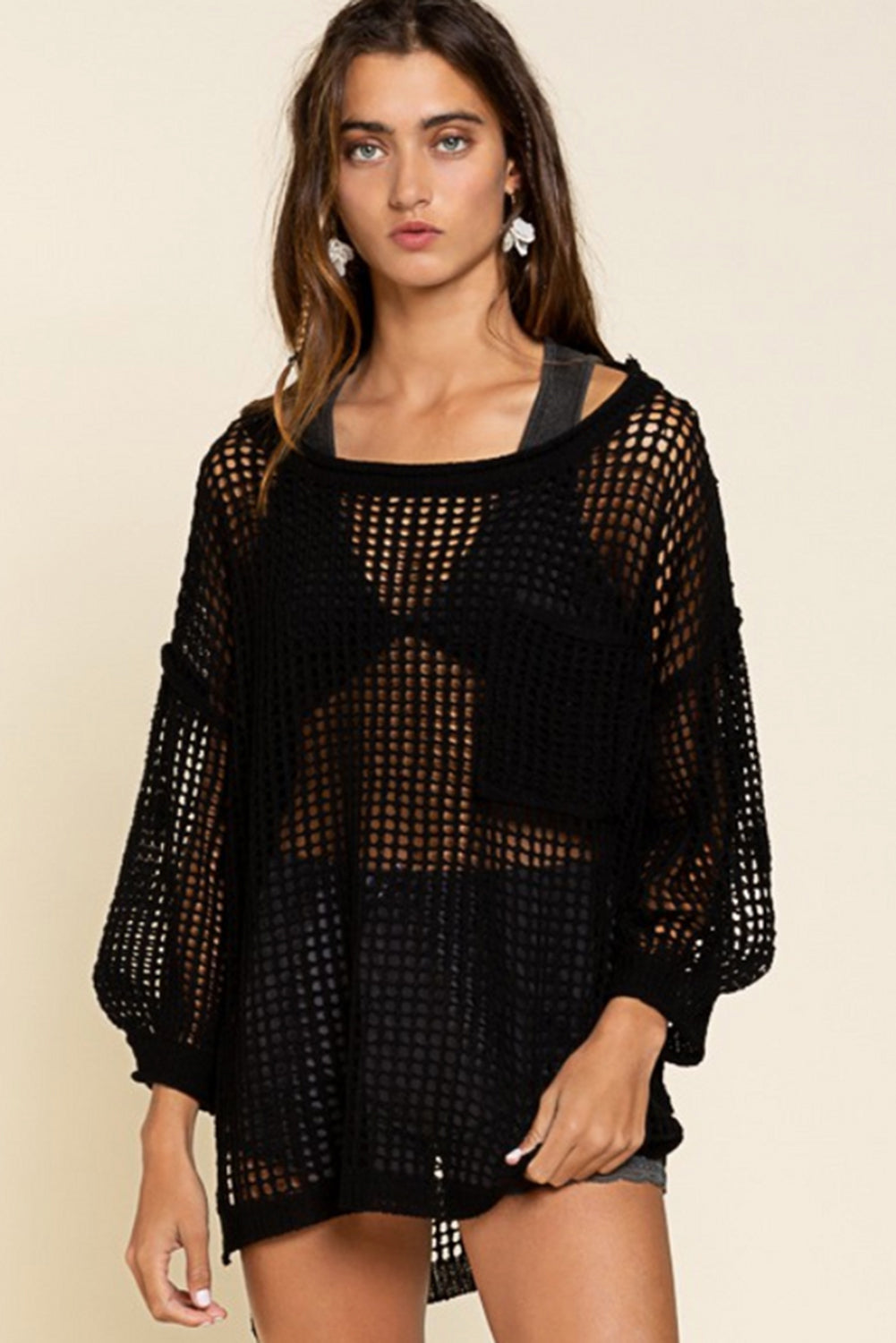 Black Fishnet Hollow-out Long Sleeve Beach Cover up-Swimwear/Beach Cover-ups-[Adult]-[Female]-2022 Online Blue Zone Planet