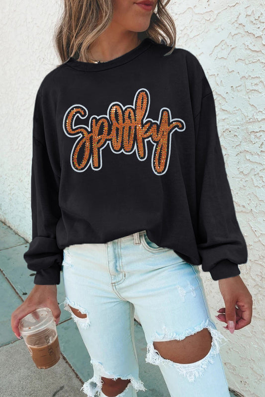 Black Spooky Rhinestone Drop Shoulder Graphic Sweatshirt-Graphic/Graphic Sweatshirts-[Adult]-[Female]-Black-S-2022 Online Blue Zone Planet