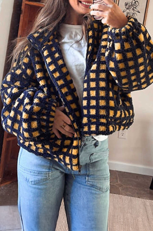 Blue Plaid Sherpa Fleece Zip Up Jacket-Outerwear/Jackets-[Adult]-[Female]-Blue-S-2022 Online Blue Zone Planet