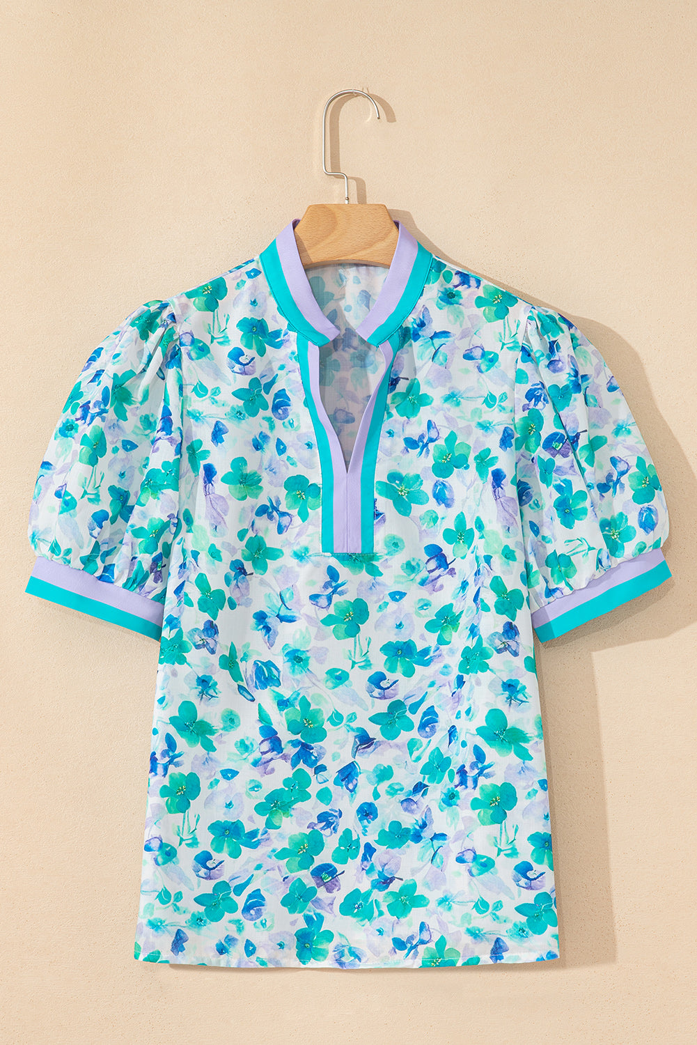 Green Floral Print Striped Trim Split V Neck Puff Short Sleeve Blouse-Tops/Blouses & Shirts-[Adult]-[Female]-2022 Online Blue Zone Planet