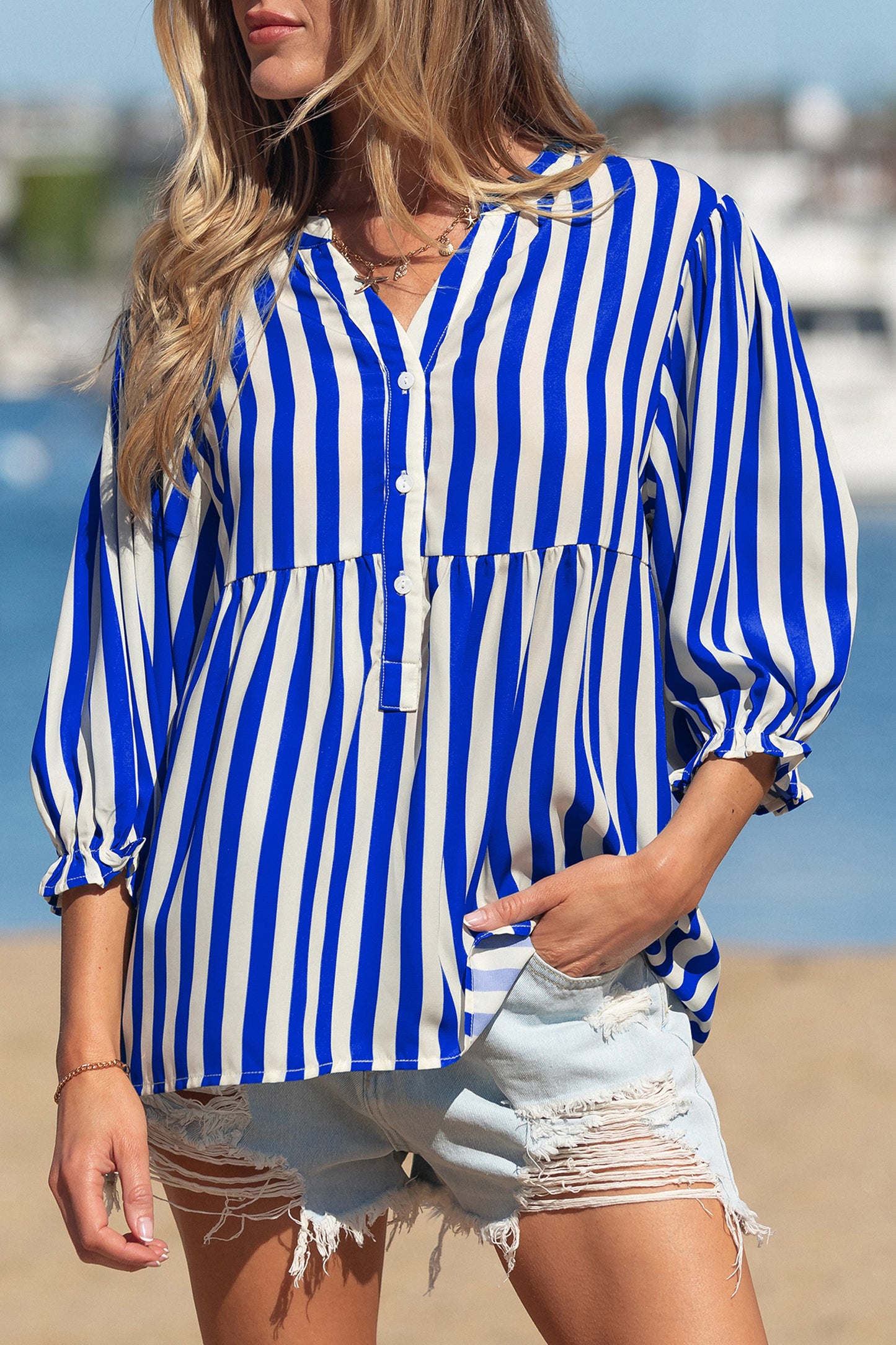 Sky Blue Stripe Balloon Sleeve Loose Button up Shirt-Tops/Blouses & Shirts-[Adult]-[Female]-2022 Online Blue Zone Planet